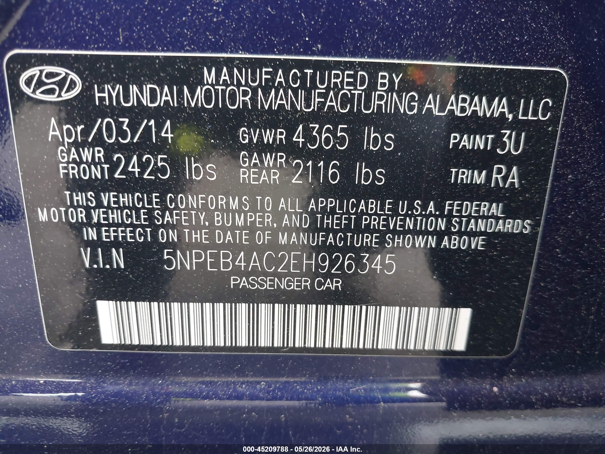 2014 Hyundai Sonata Gls Blue vin: 5NPEB4AC2EH926345