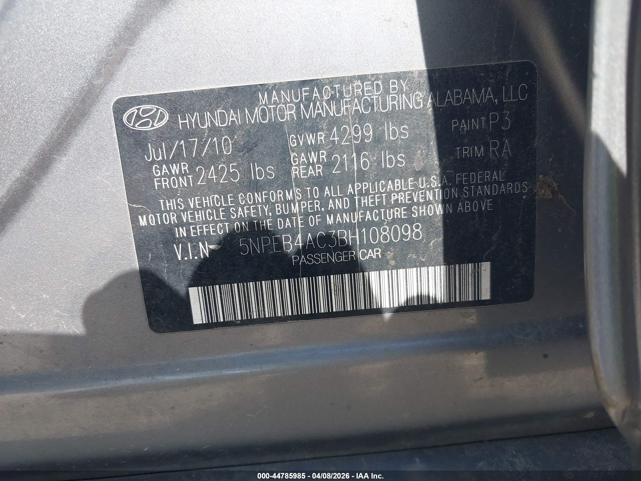 2011 Hyundai Sonata Gls Gray vin: 5NPEB4AC3BH108098