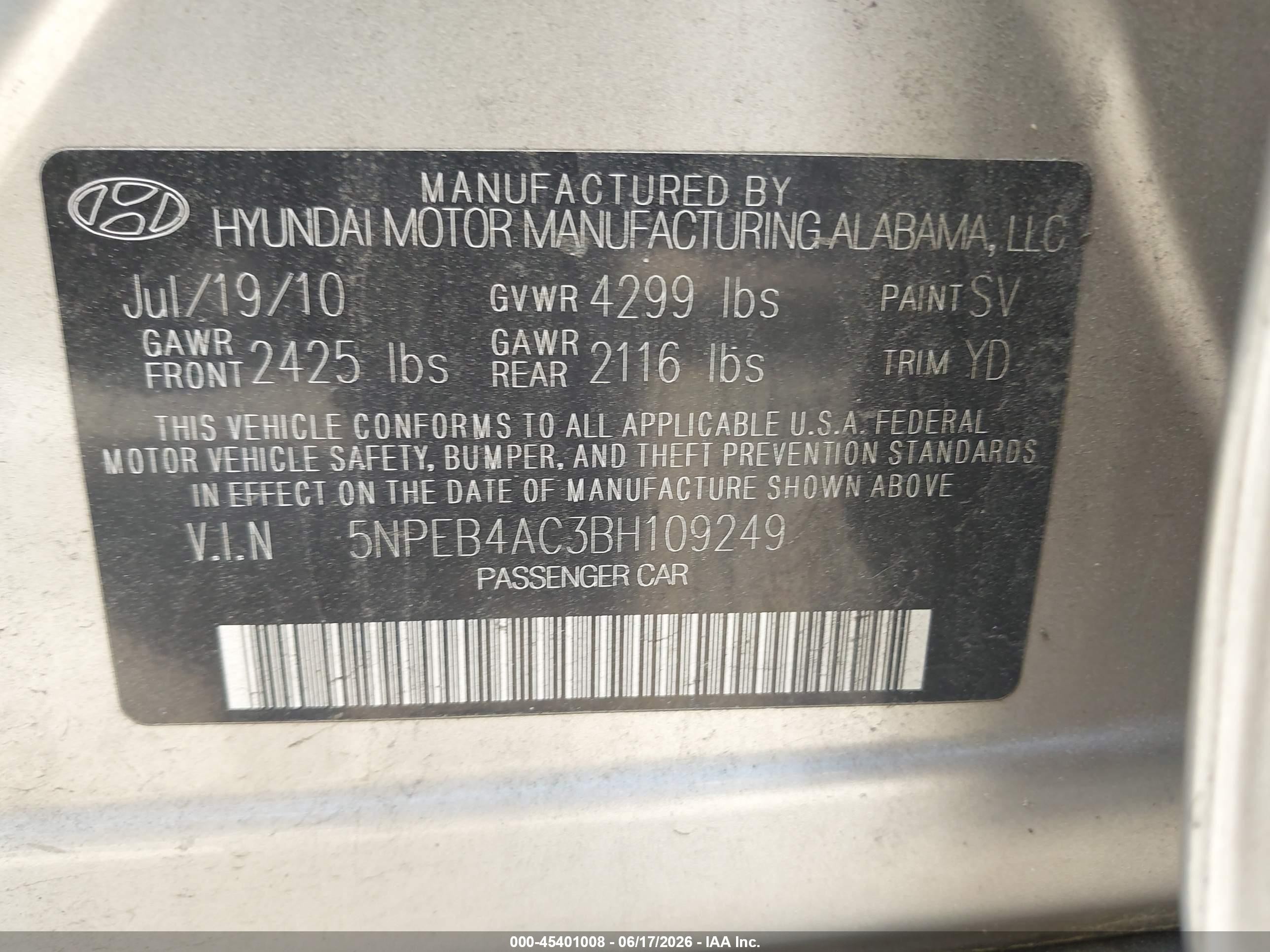 2011 Hyundai Sonata Gls Gold vin: 5NPEB4AC3BH109249