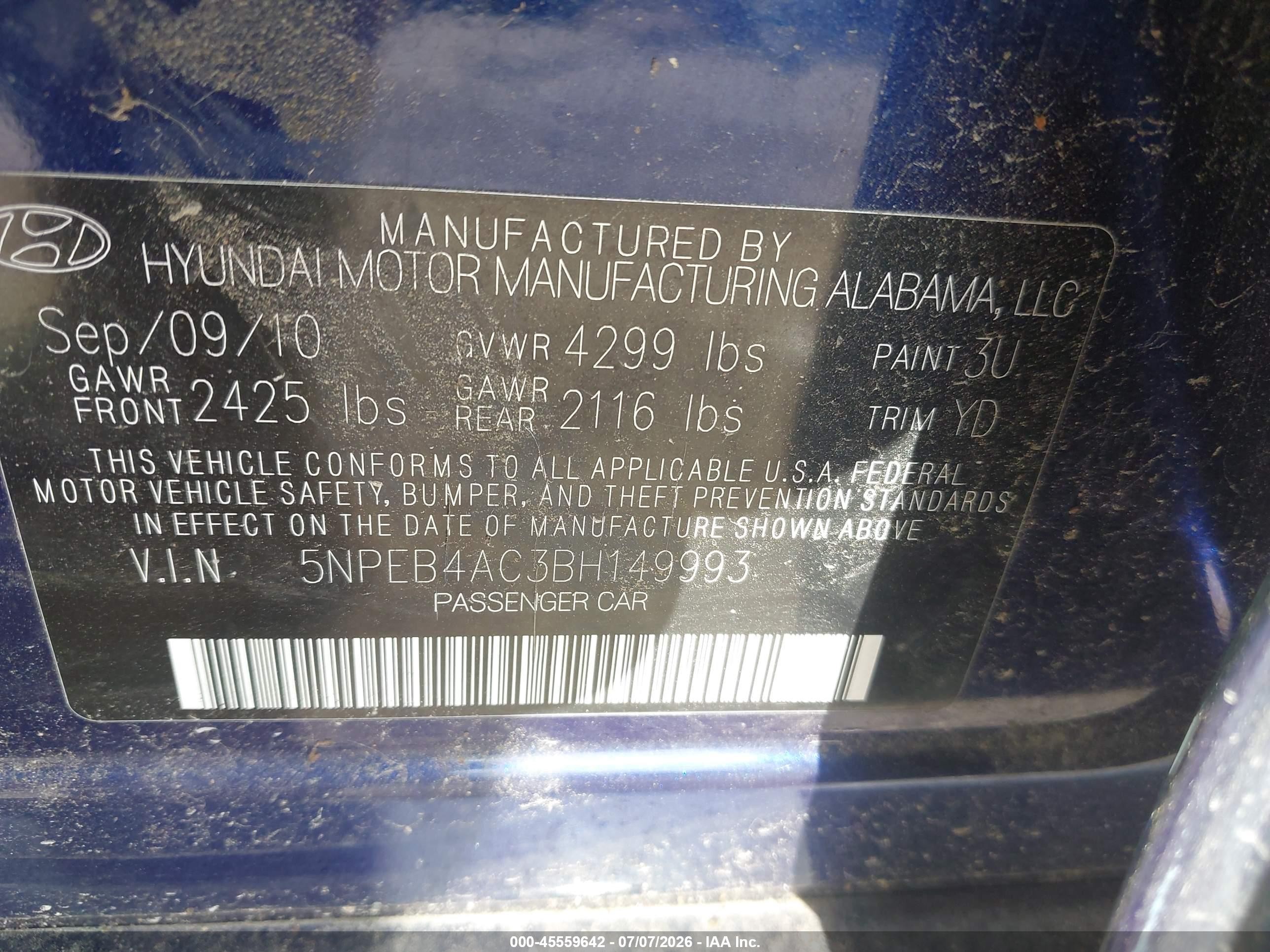2011 Hyundai Sonata Gls Blue vin: 5NPEB4AC3BH149993