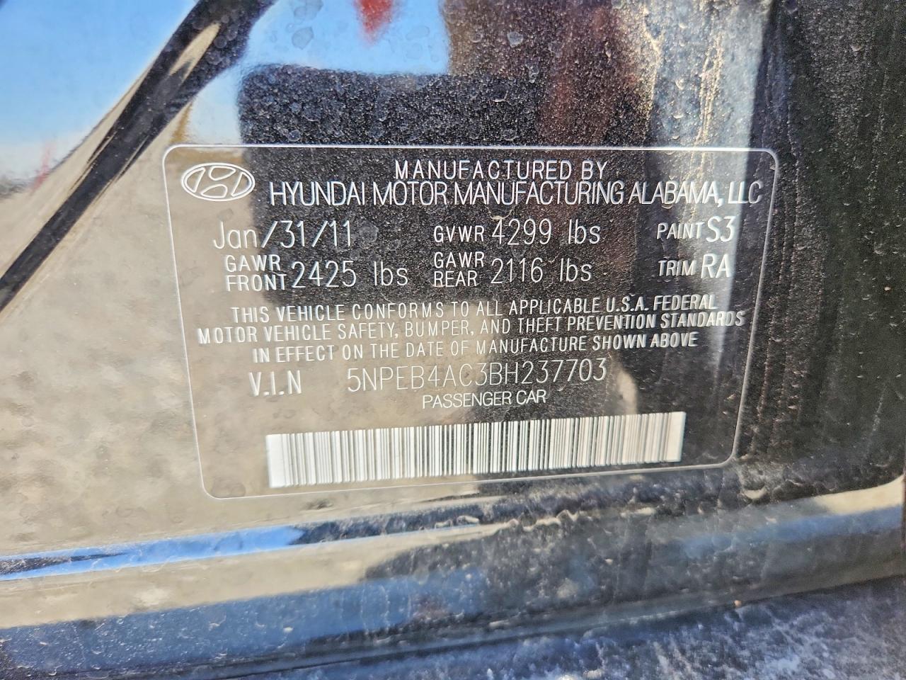 2011 Hyundai Sonata Gls Black vin: 5NPEB4AC3BH237703