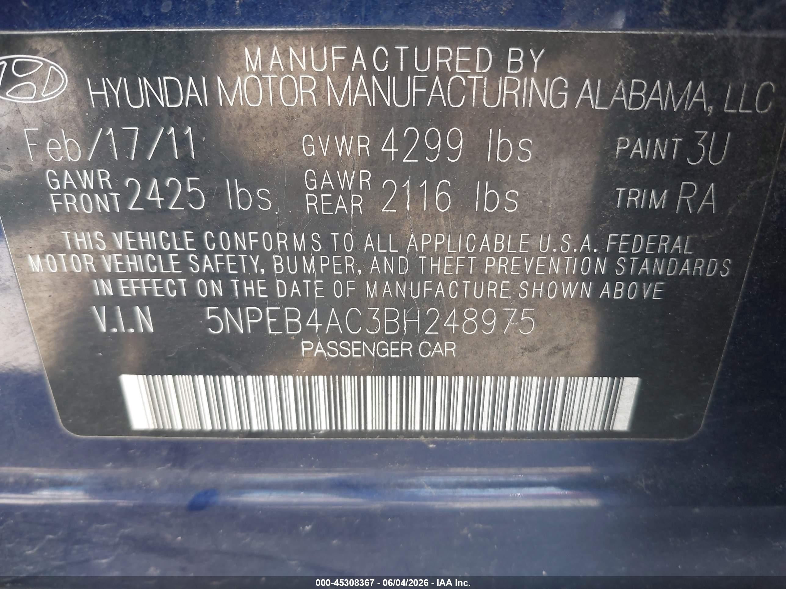 2011 Hyundai Sonata Gls Синий vin: 5NPEB4AC3BH248975