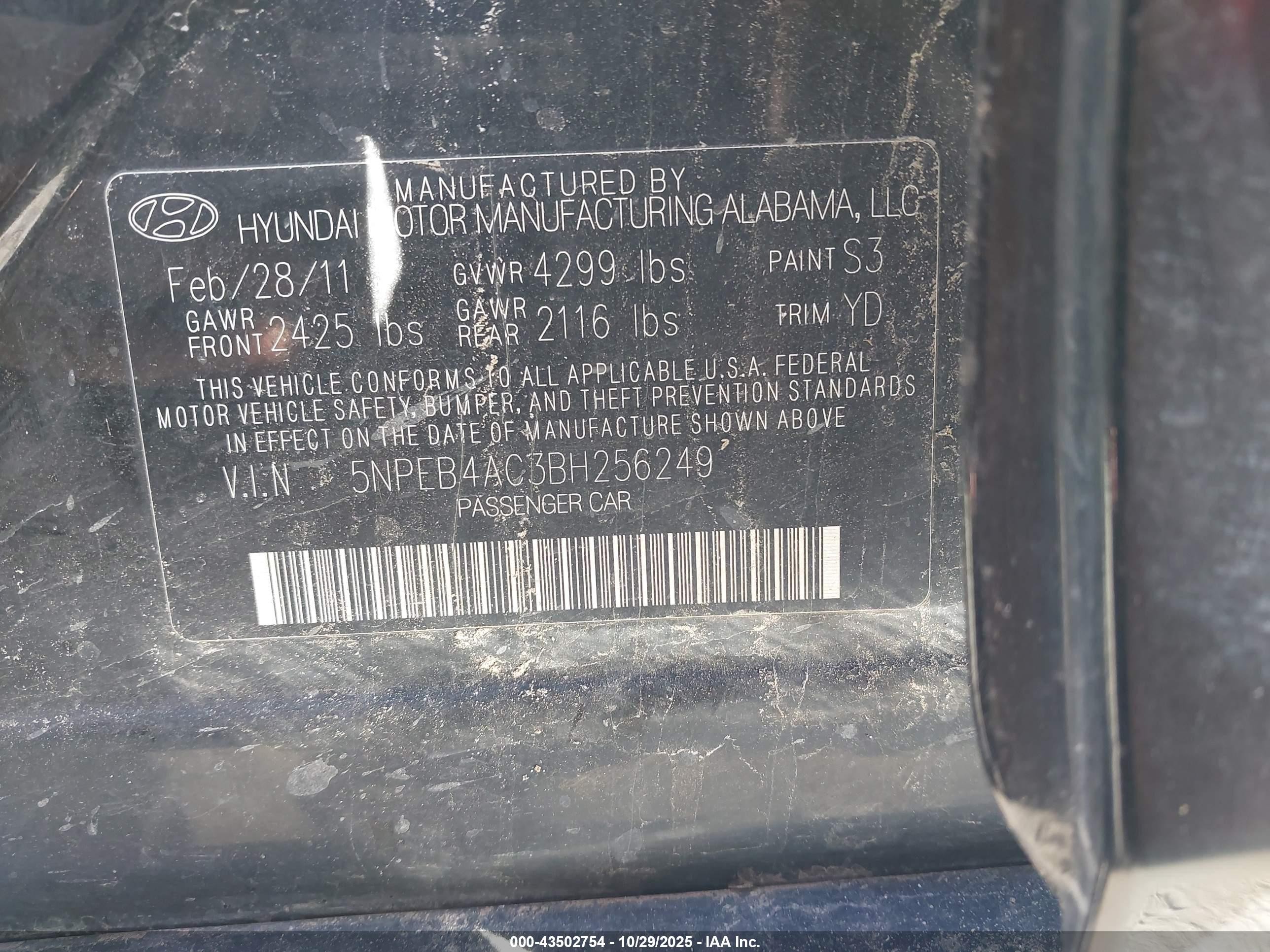 2011 Hyundai Sonata Gls Black vin: 5NPEB4AC3BH256249