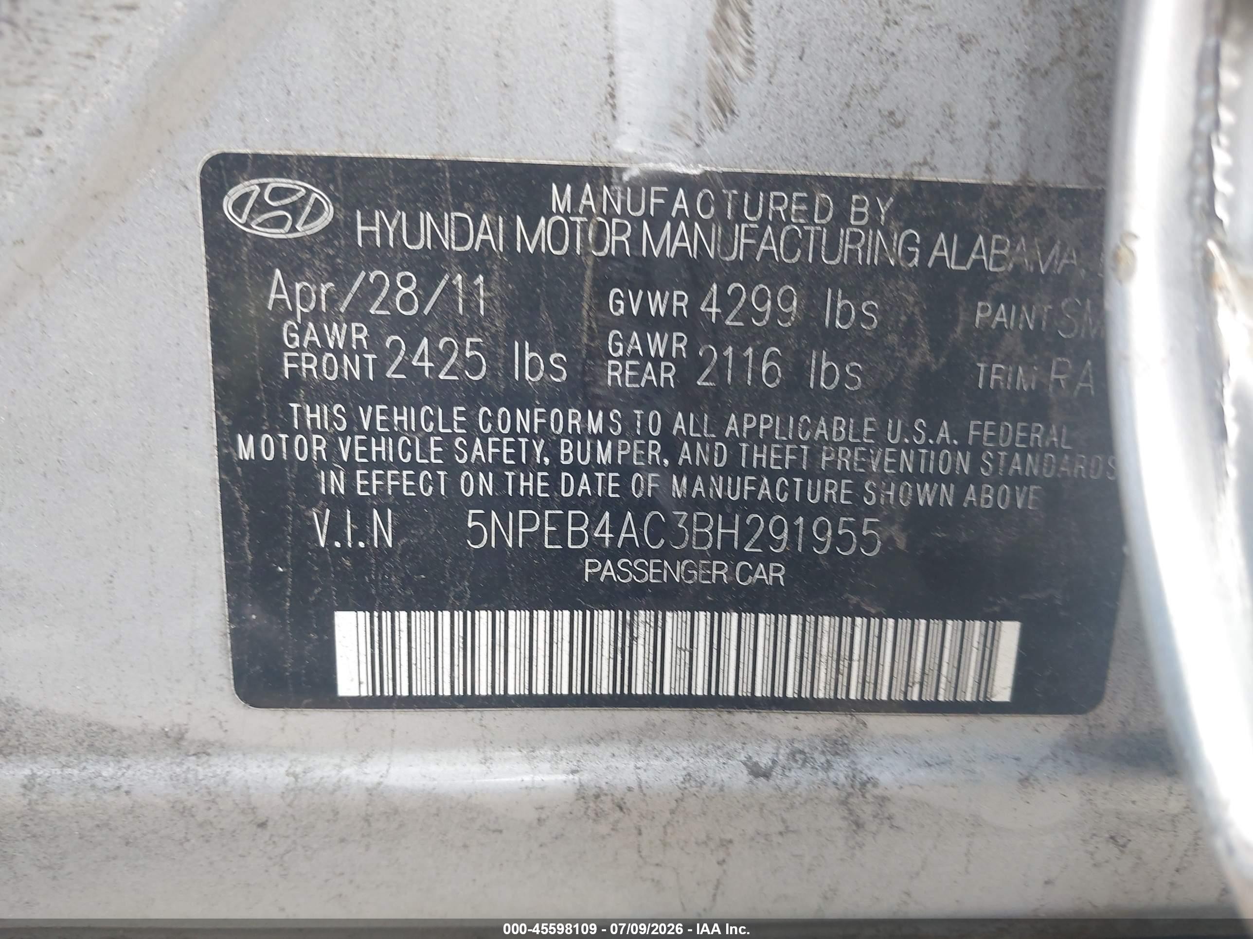 2011 Hyundai Sonata Gls Gray vin: 5NPEB4AC3BH291955