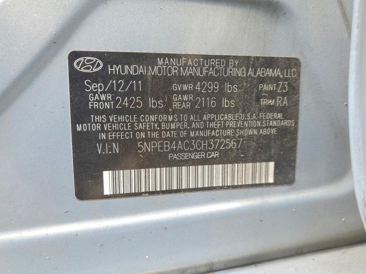 2012 Hyundai Sonata Gls Blue vin: 5NPEB4AC3CH372567