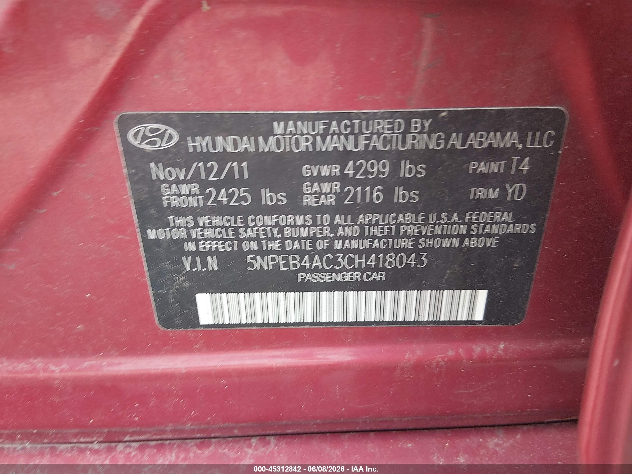 2012 Hyundai Sonata Gls Red vin: 5NPEB4AC3CH418043