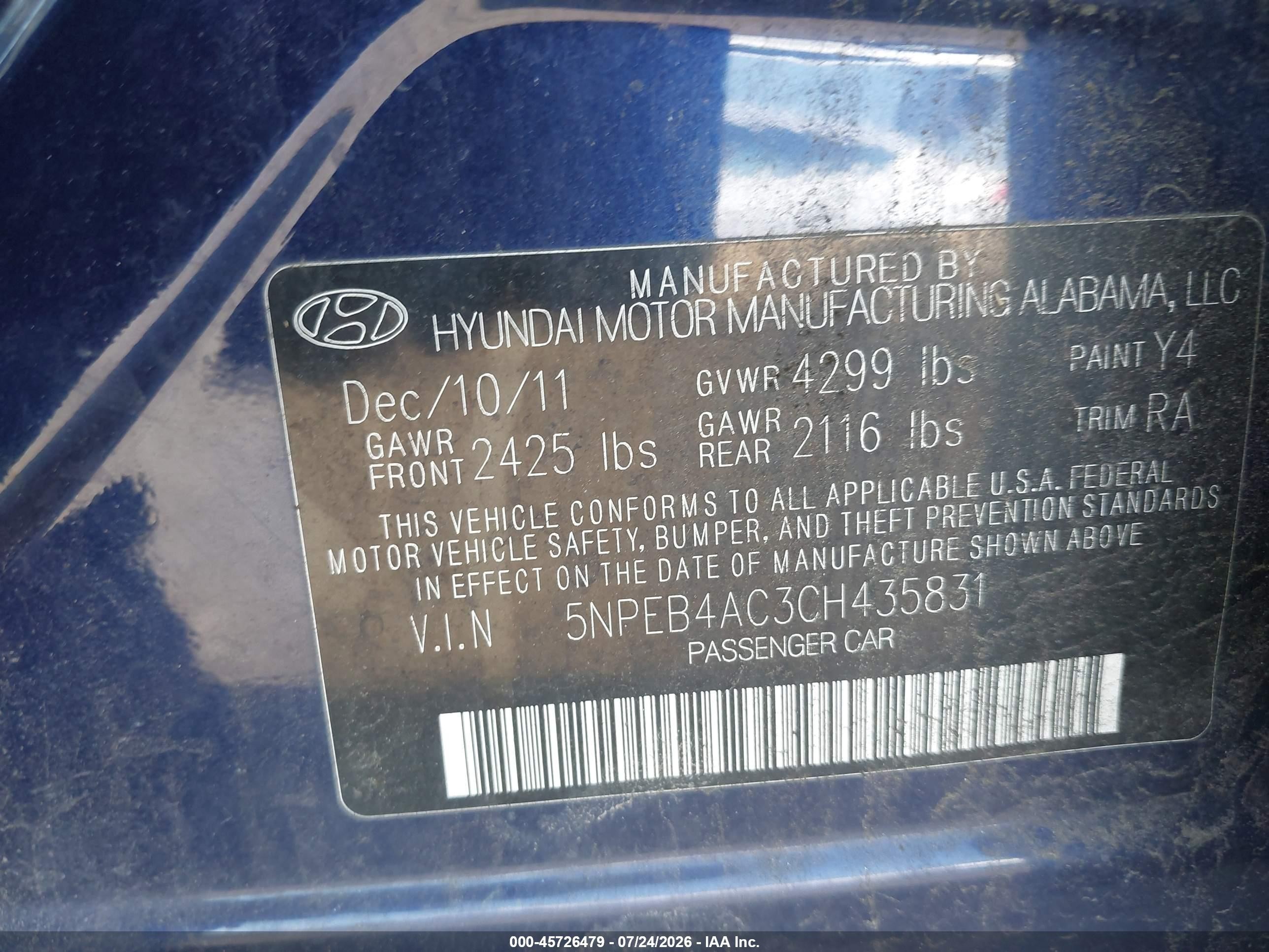 2012 Hyundai Sonata Gls Blue vin: 5NPEB4AC3CH435831
