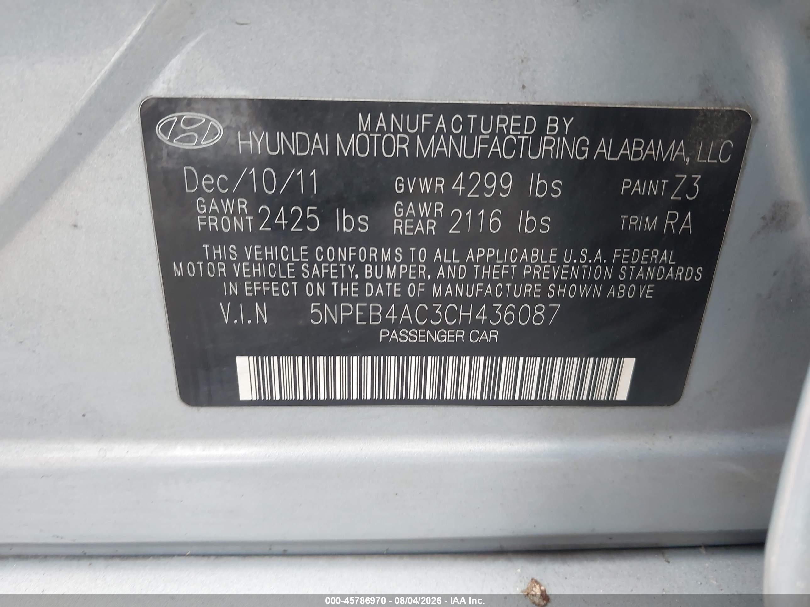 2012 Hyundai Sonata Gls Light Blue vin: 5NPEB4AC3CH436087
