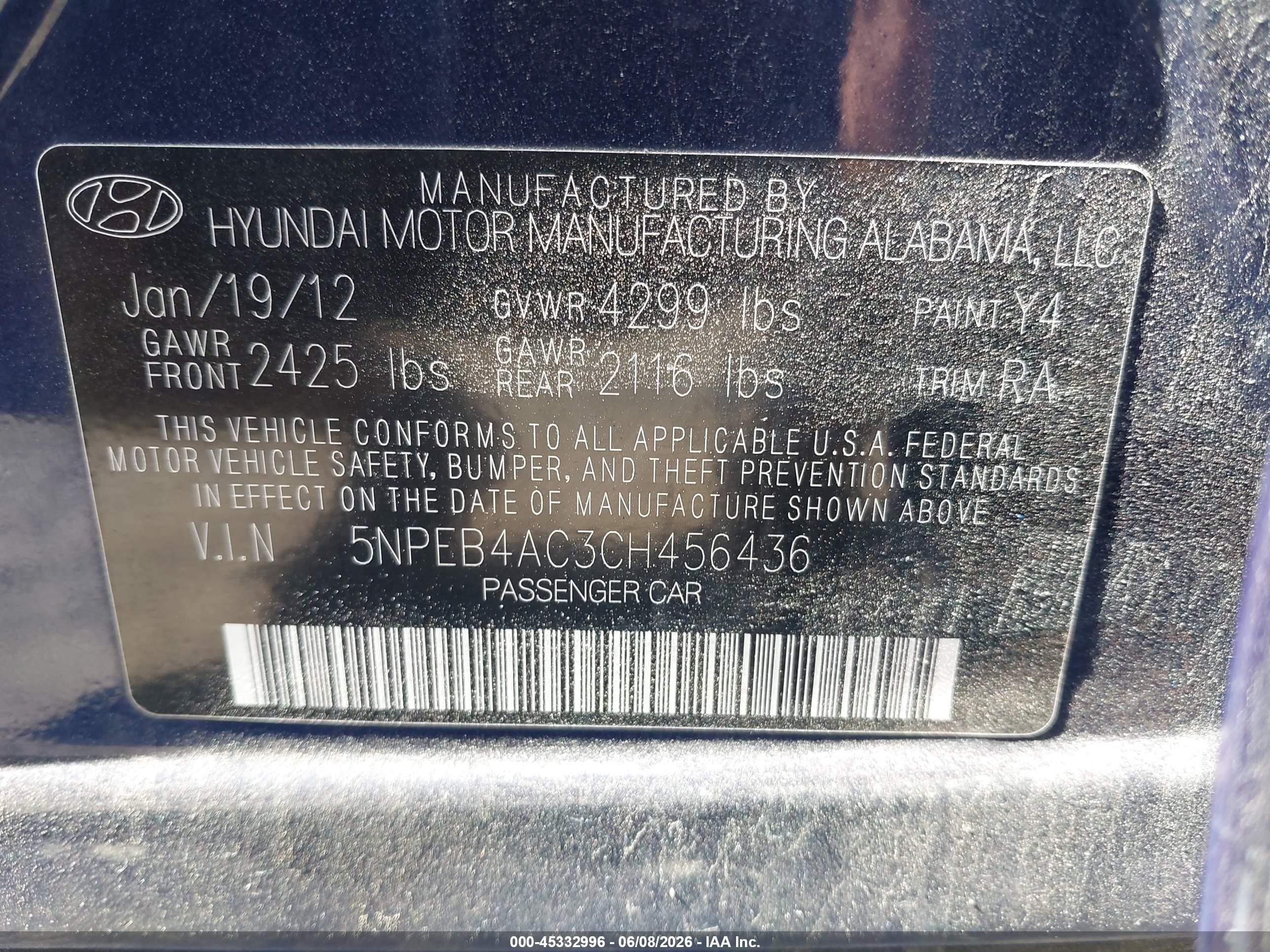 2012 Hyundai Sonata Gls Blue vin: 5NPEB4AC3CH456436