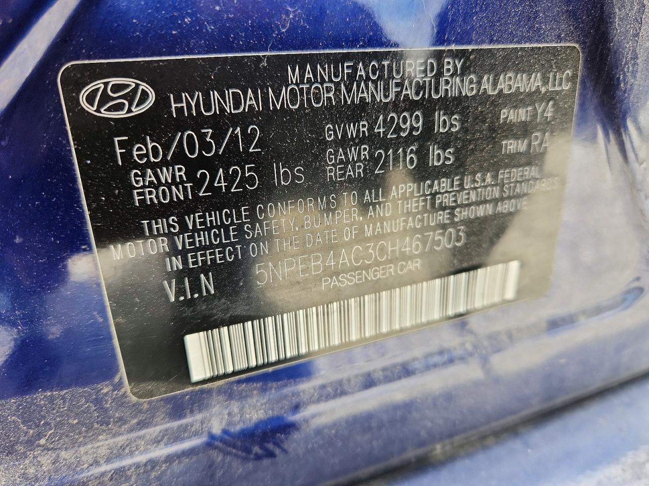 2012 Hyundai Sonata Gls Blue vin: 5NPEB4AC3CH467503