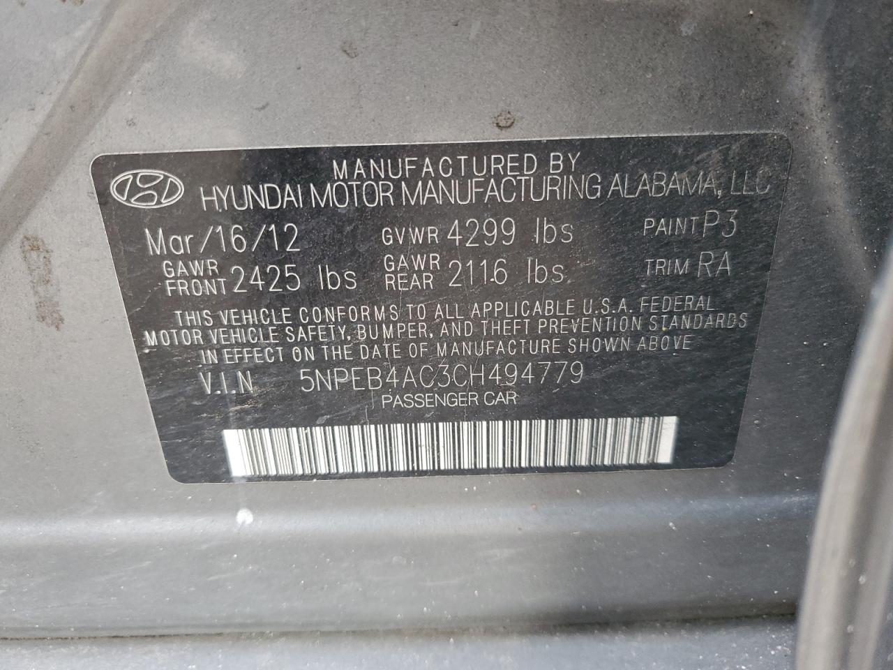 2012 Hyundai Sonata Gls Gray vin: 5NPEB4AC3CH494779