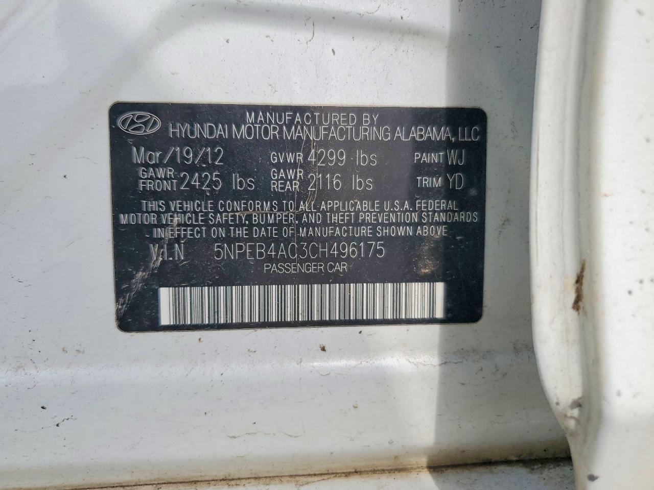 2012 Hyundai Sonata Gls White vin: 5NPEB4AC3CH496175
