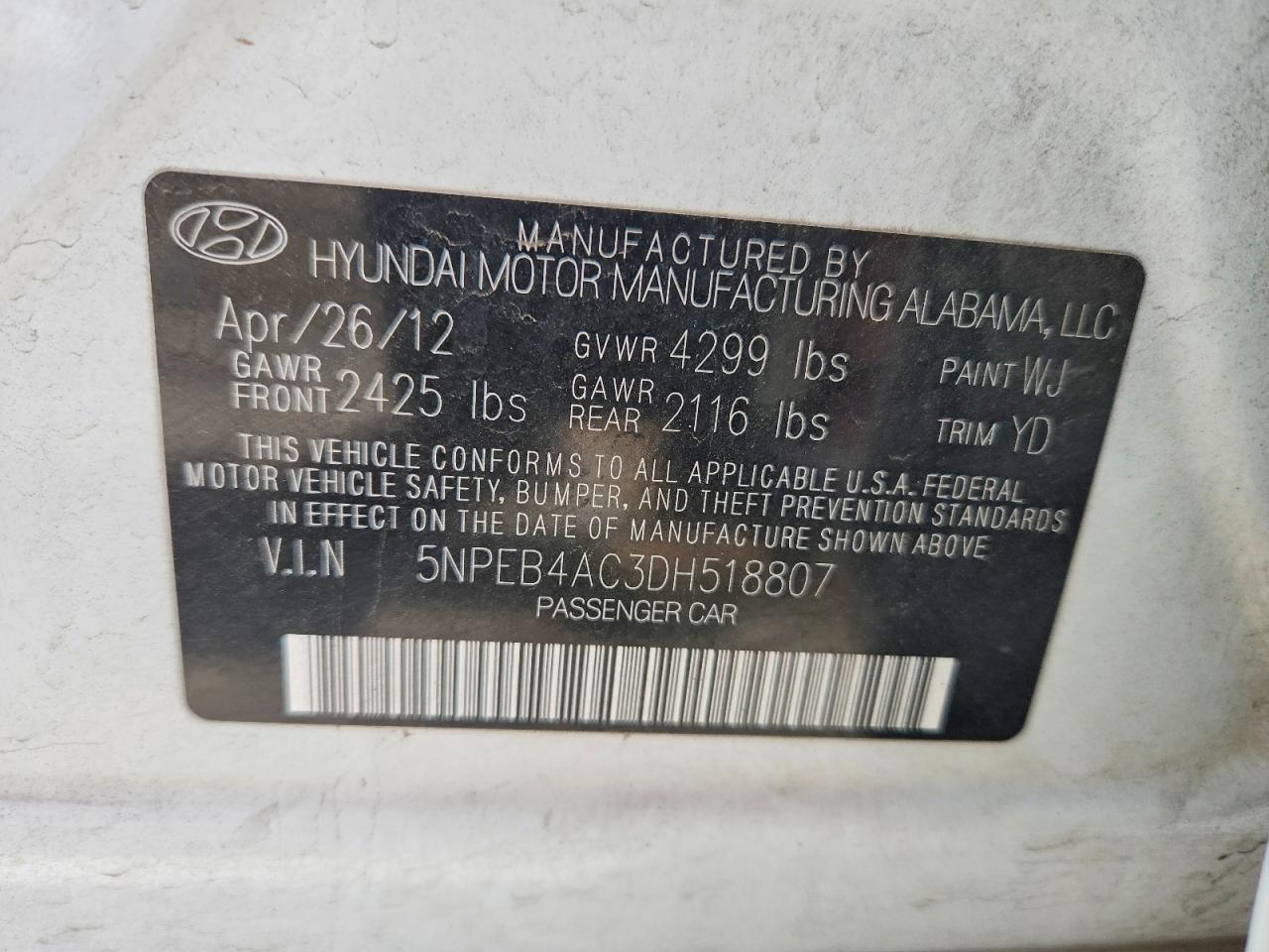 2013 Hyundai Sonata Gls White vin: 5NPEB4AC3DH518807