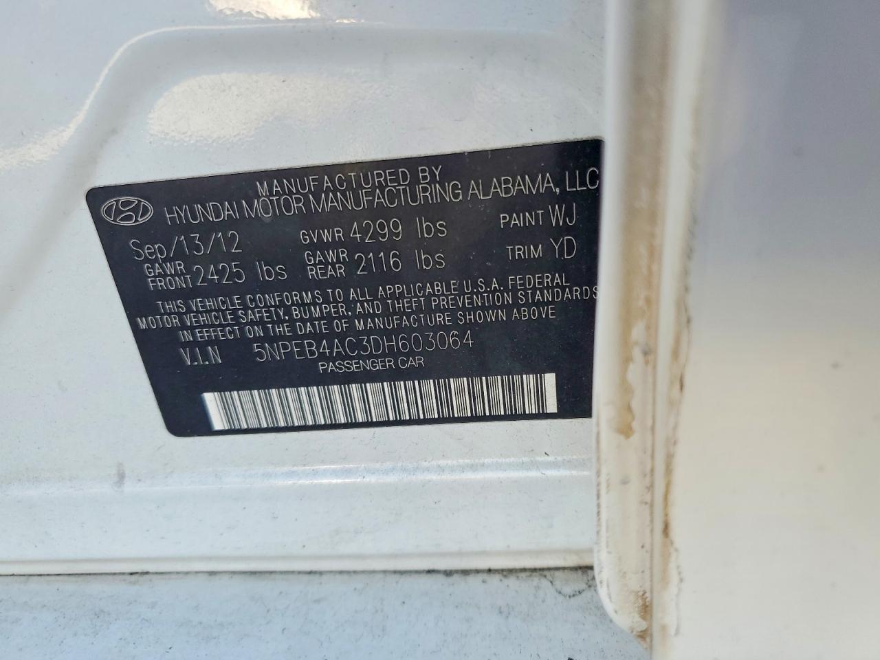 2013 Hyundai Sonata Gls White vin: 5NPEB4AC3DH603064