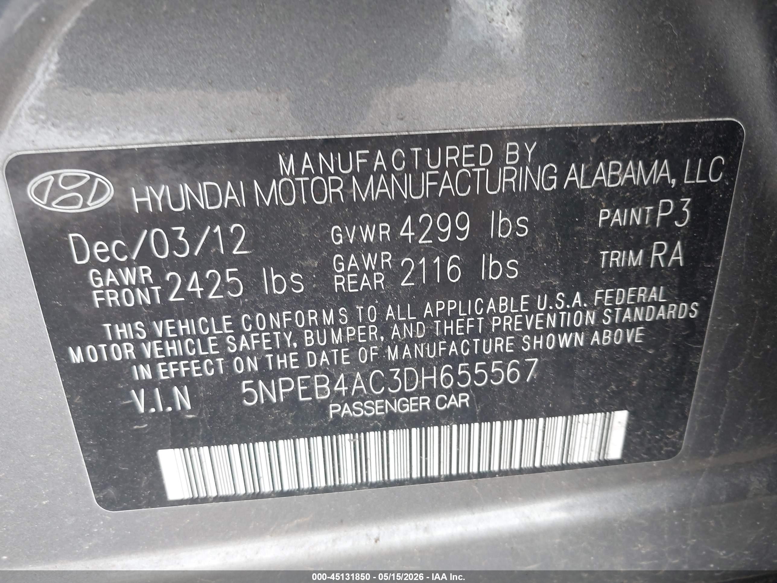 2013 Hyundai Sonata Gls Gray vin: 5NPEB4AC3DH655567