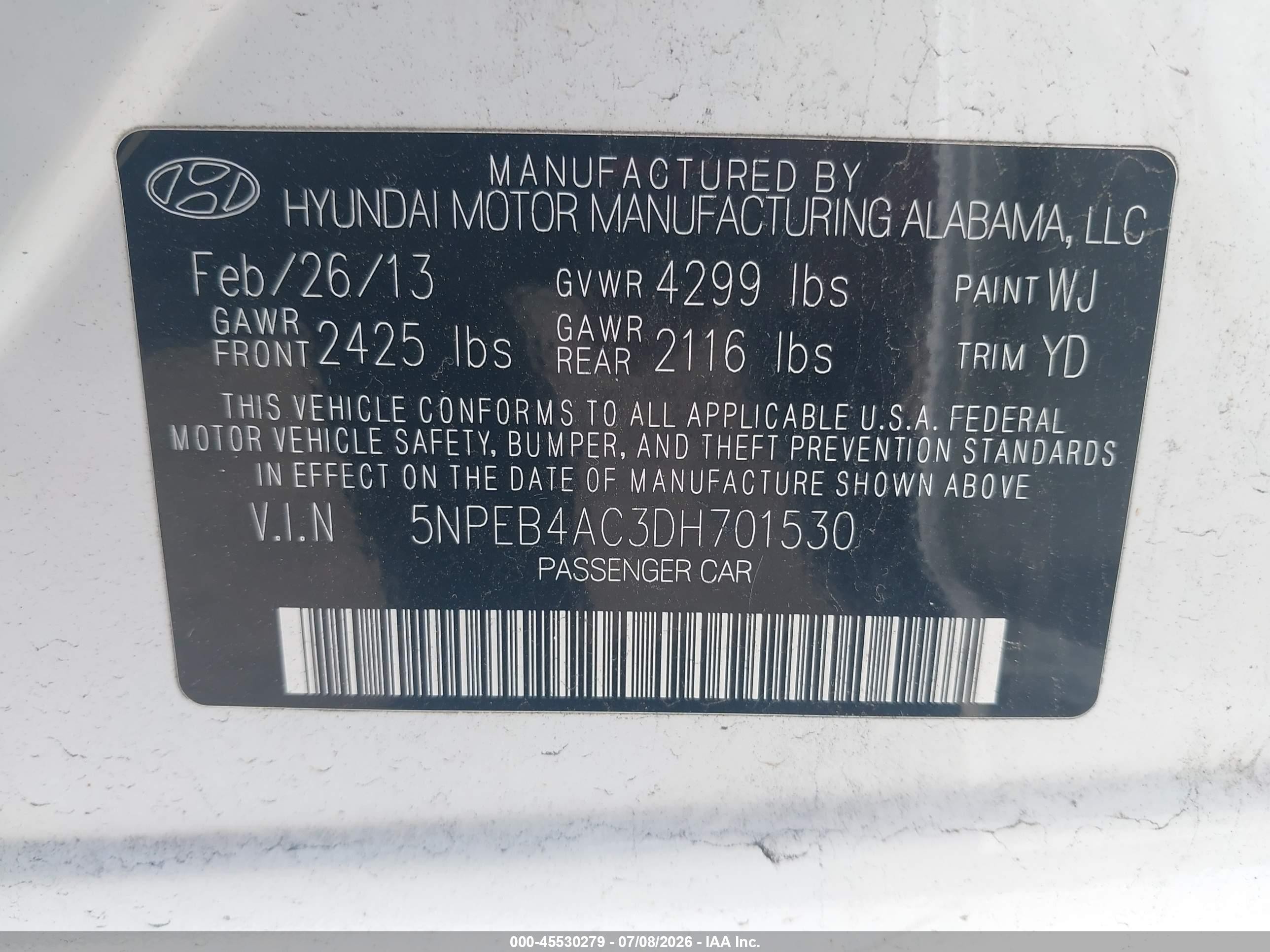2013 Hyundai Sonata Gls White vin: 5NPEB4AC3DH701530