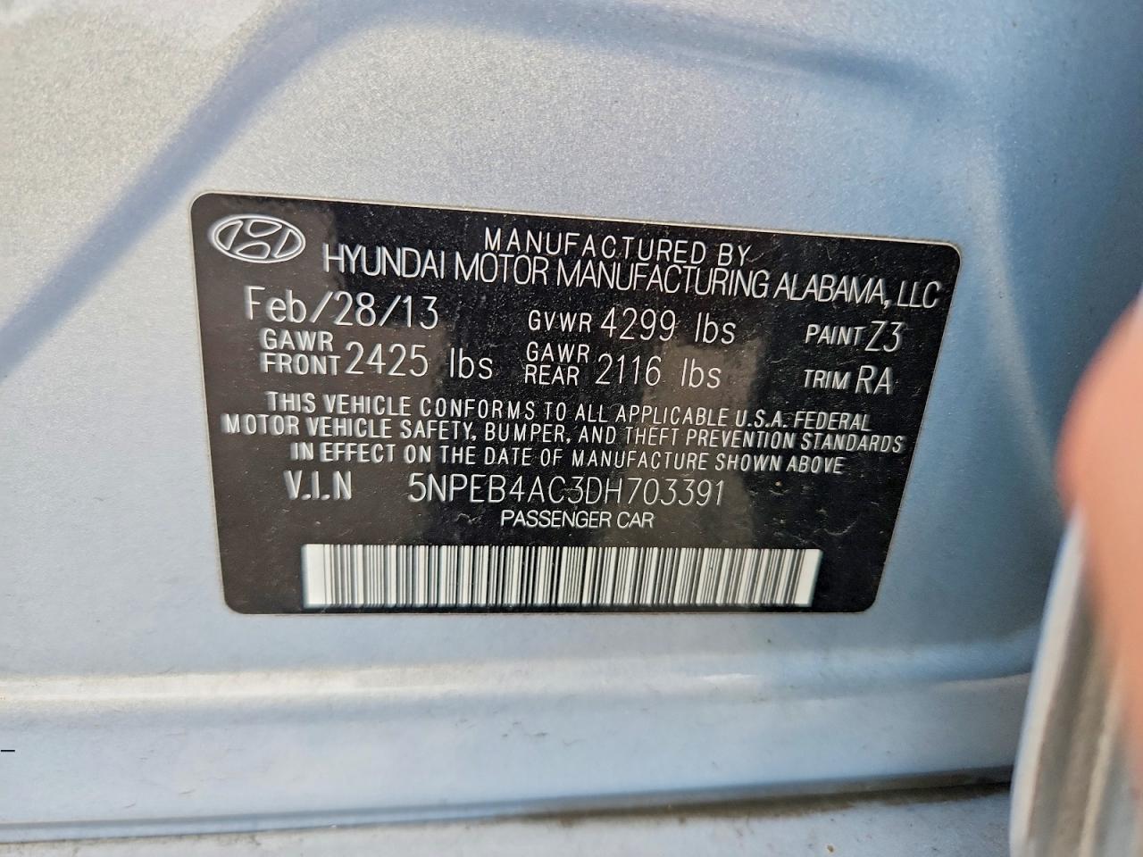 2013 Hyundai Sonata Gls Turquoise vin: 5NPEB4AC3DH703391