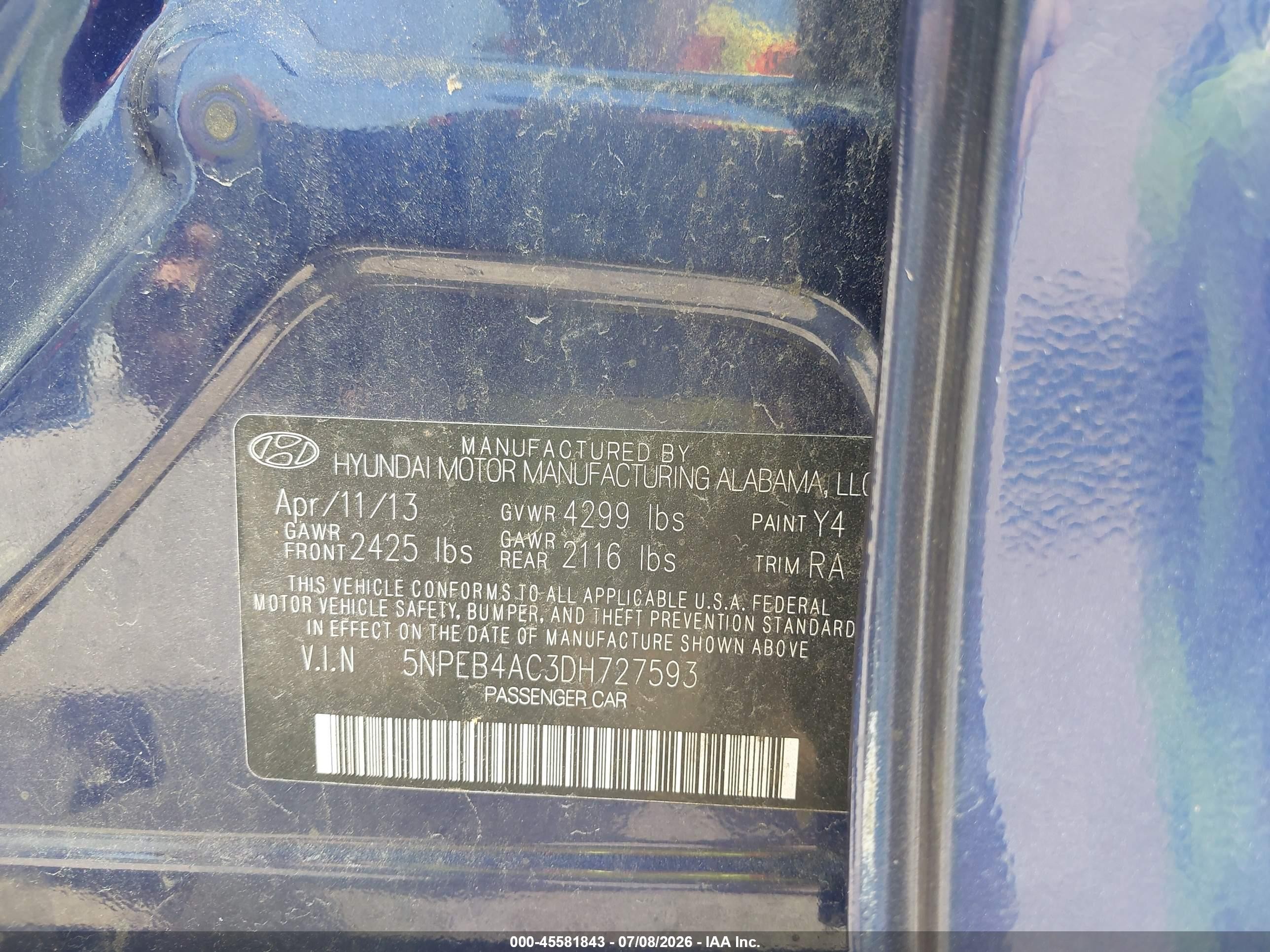 2013 Hyundai Sonata Gls Blue vin: 5NPEB4AC3DH727593