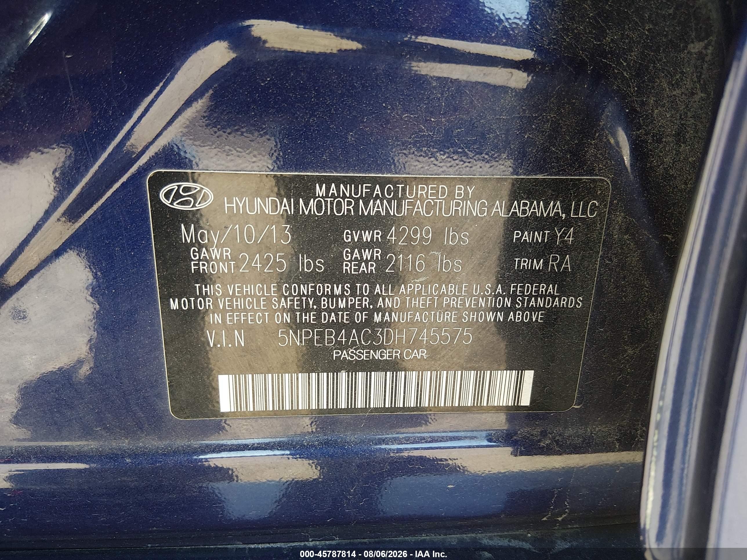 2013 Hyundai Sonata Gls Blue vin: 5NPEB4AC3DH745575
