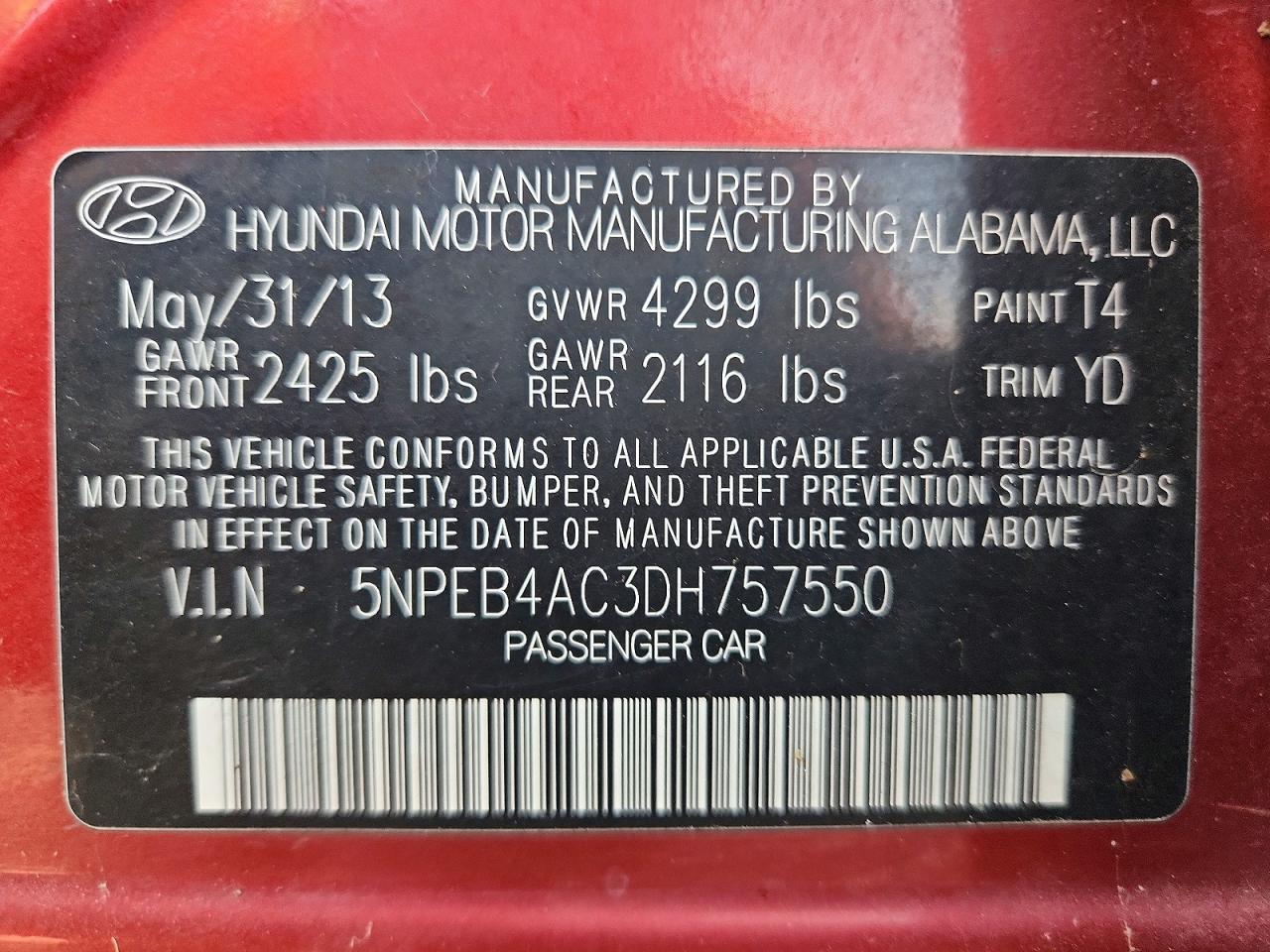 2013 Hyundai Sonata Gls Red vin: 5NPEB4AC3DH757550