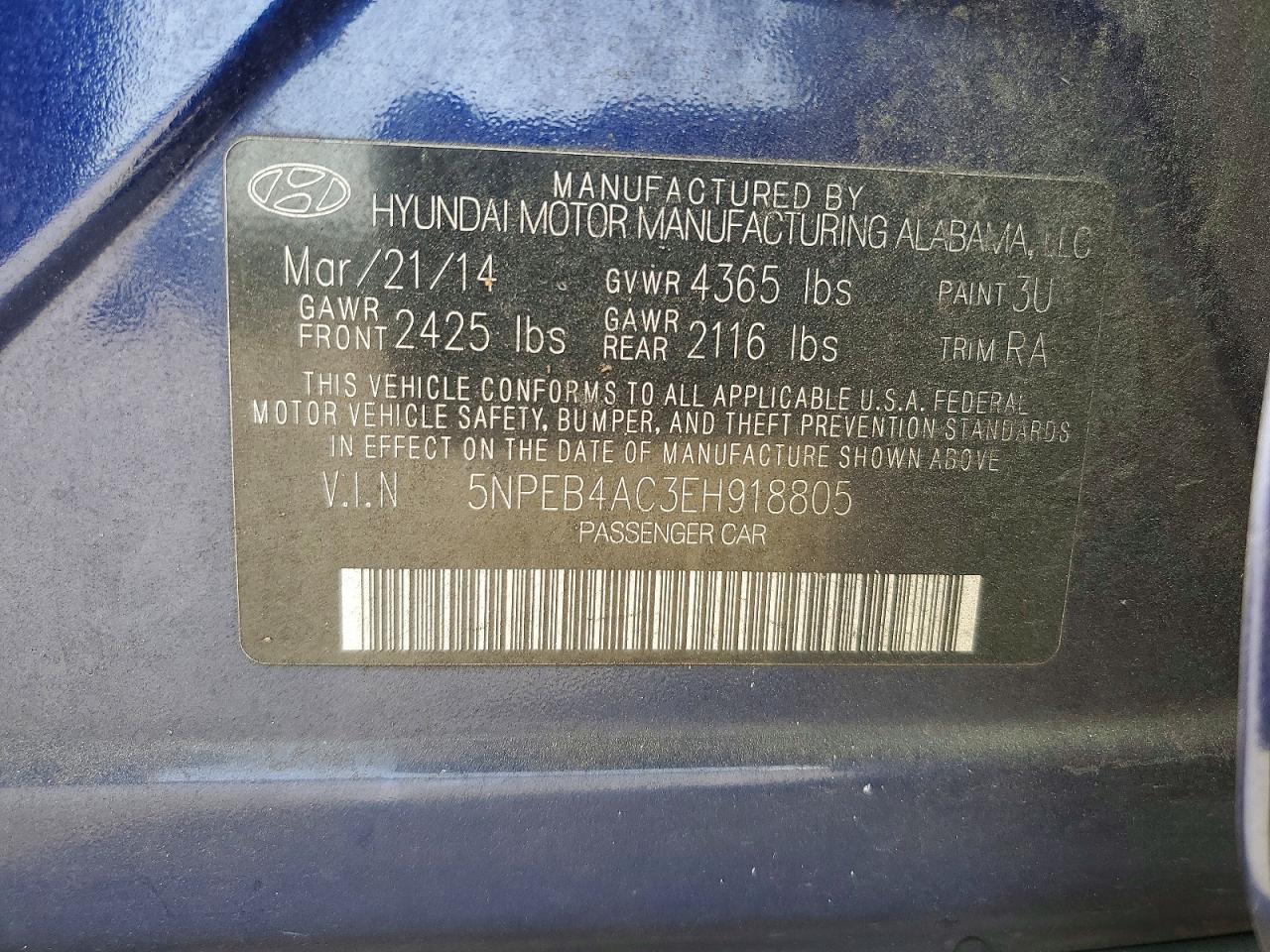 2014 Hyundai Sonata Gls Blue vin: 5NPEB4AC3EH918805