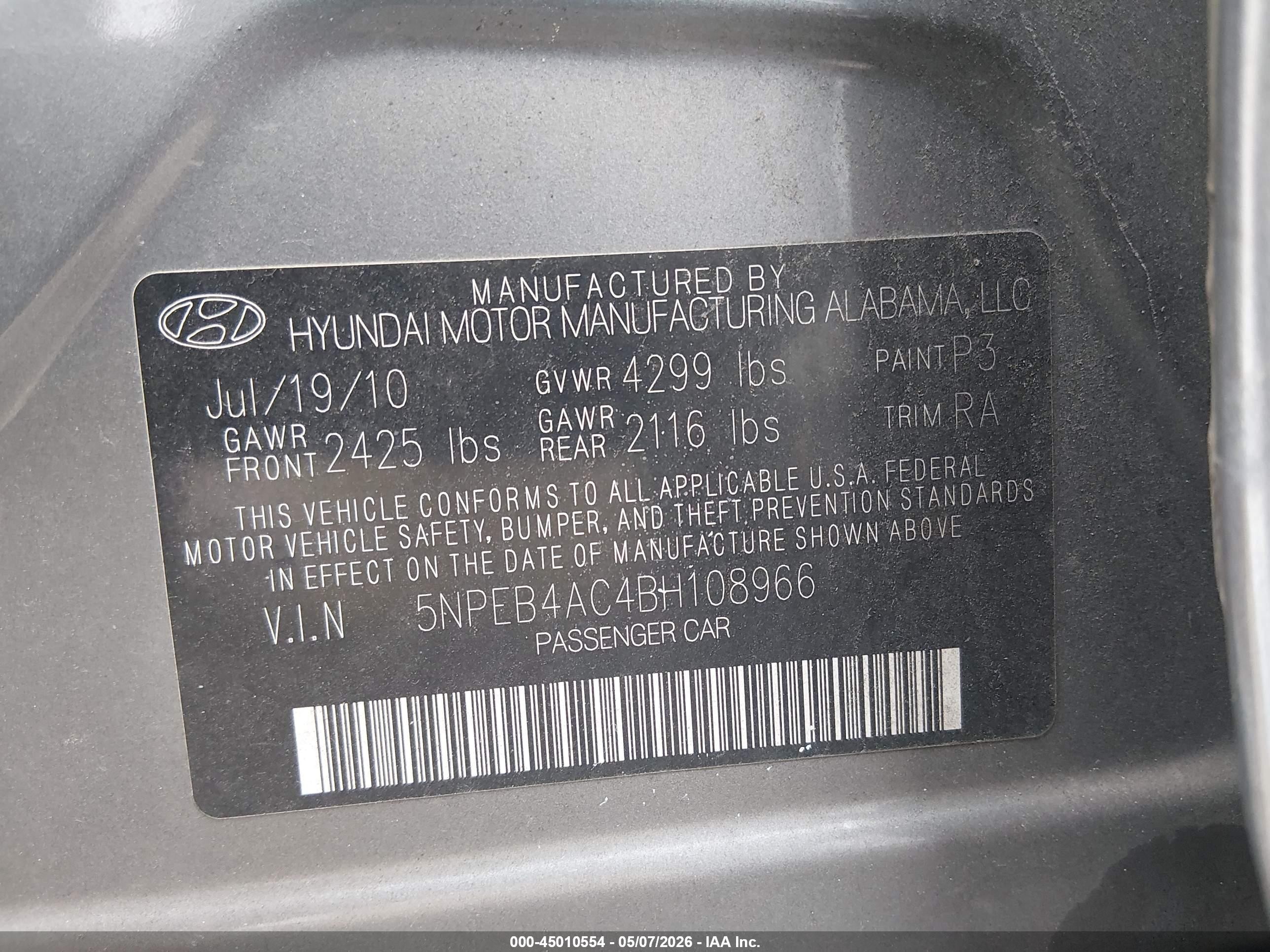 2011 Hyundai Sonata Gls Gray vin: 5NPEB4AC4BH108966