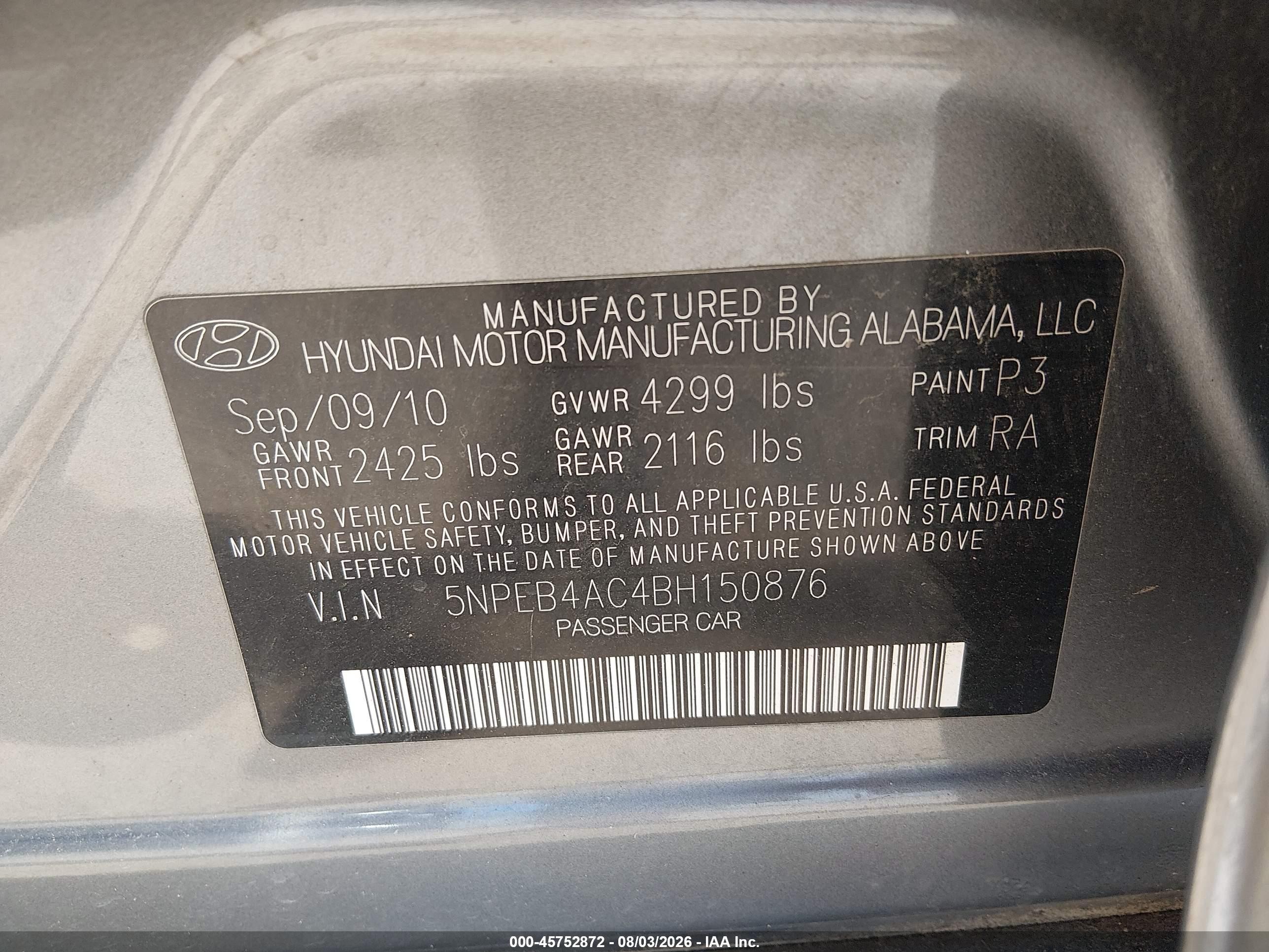 2011 Hyundai Sonata Gls Gray vin: 5NPEB4AC4BH150876