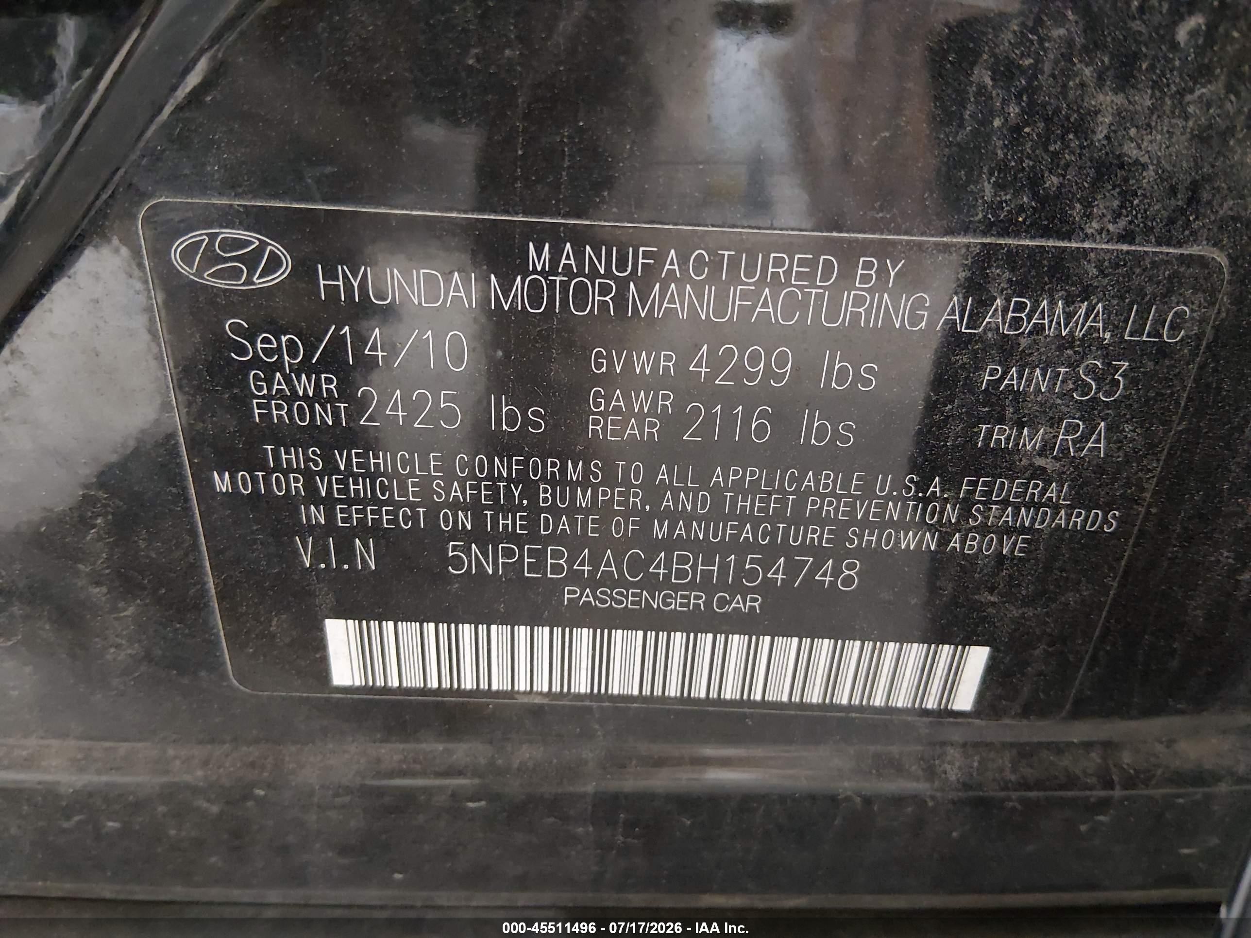 2011 Hyundai Sonata Gls Black vin: 5NPEB4AC4BH154748