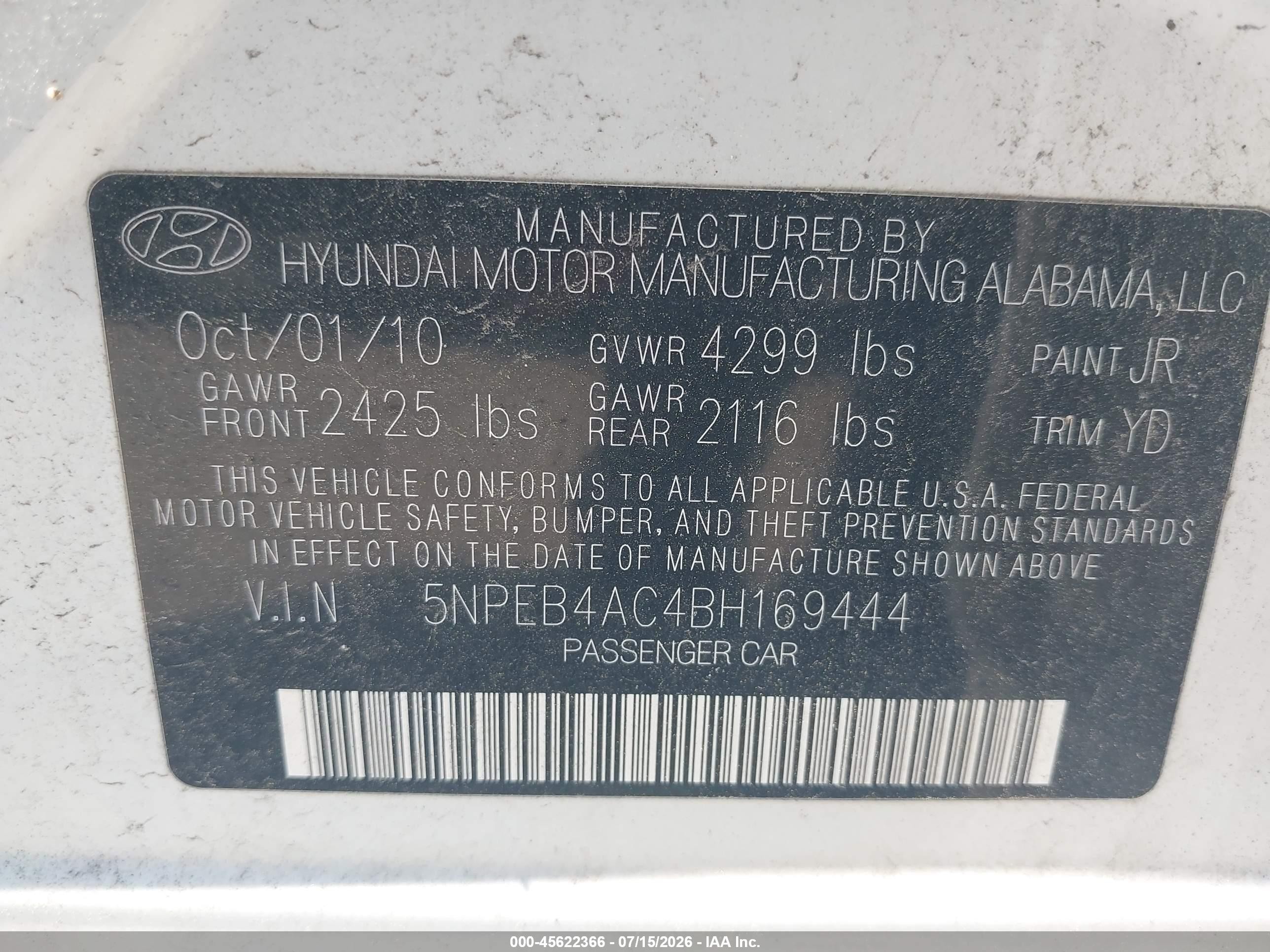 2011 Hyundai Sonata Gls White vin: 5NPEB4AC4BH169444