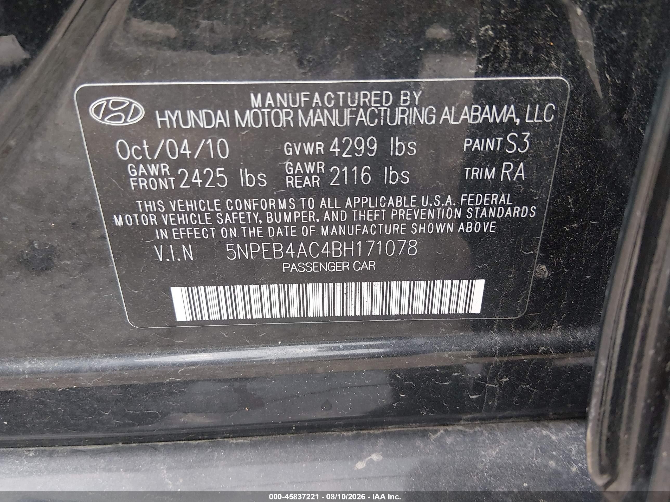 2011 Hyundai Sonata Gls Black vin: 5NPEB4AC4BH171078
