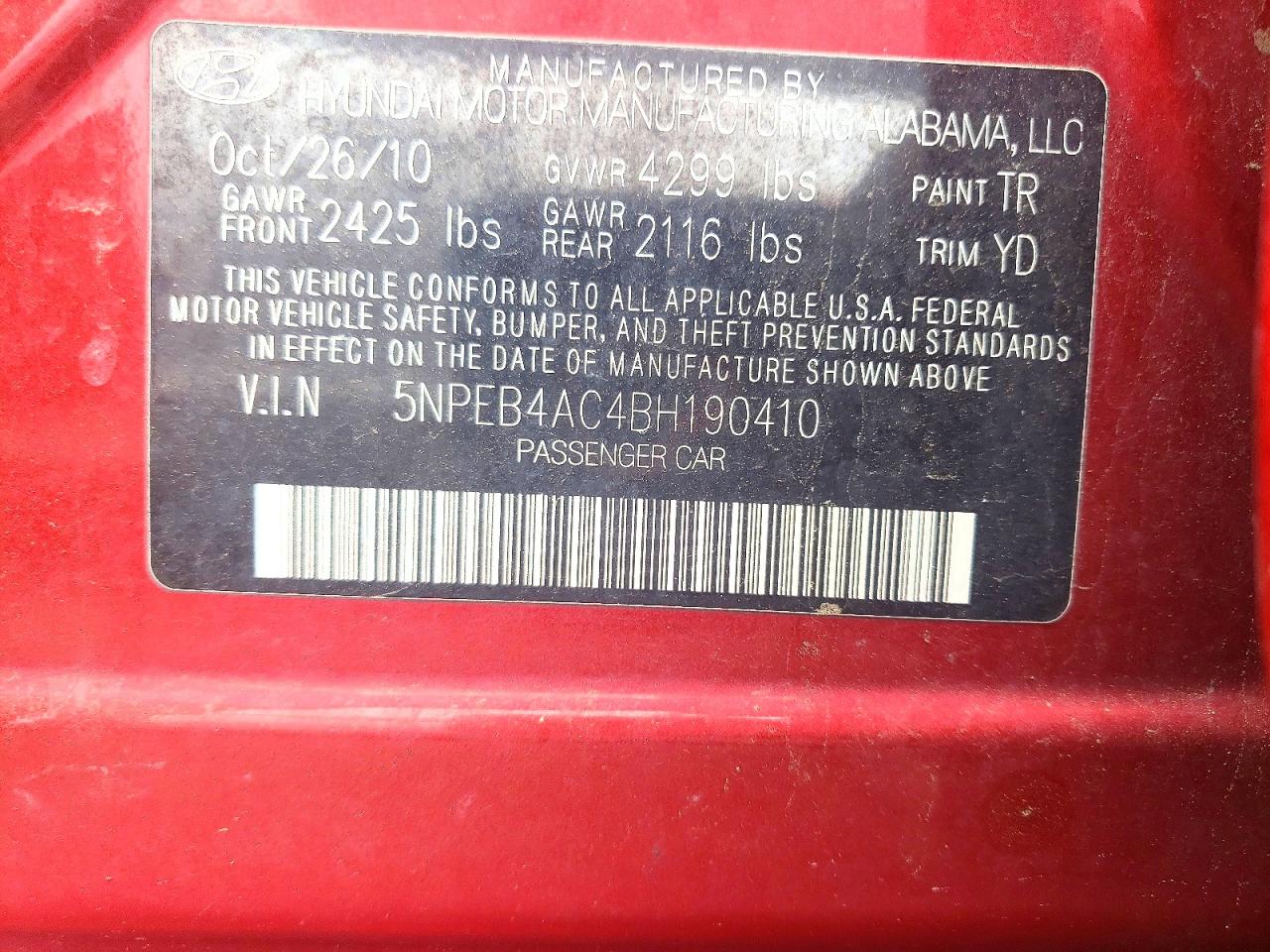 2011 Hyundai Sonata Gls Red vin: 5NPEB4AC4BH190410