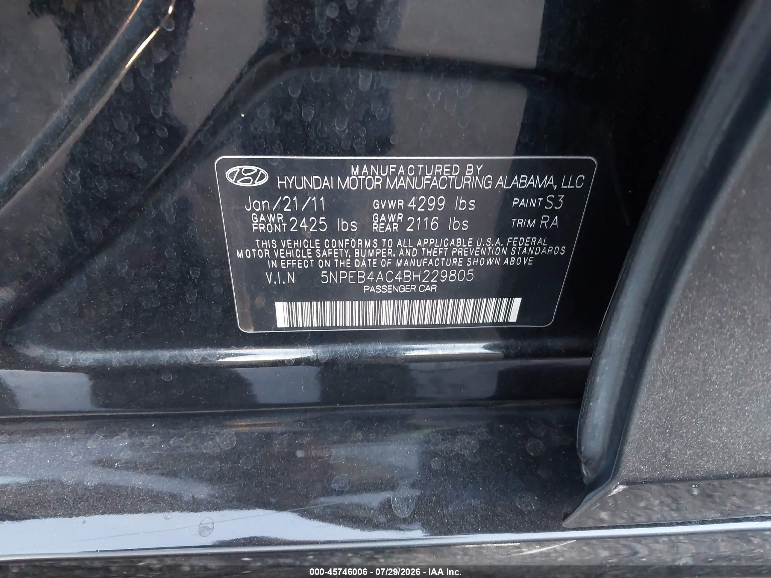 2011 Hyundai Sonata Gls Черный vin: 5NPEB4AC4BH229805