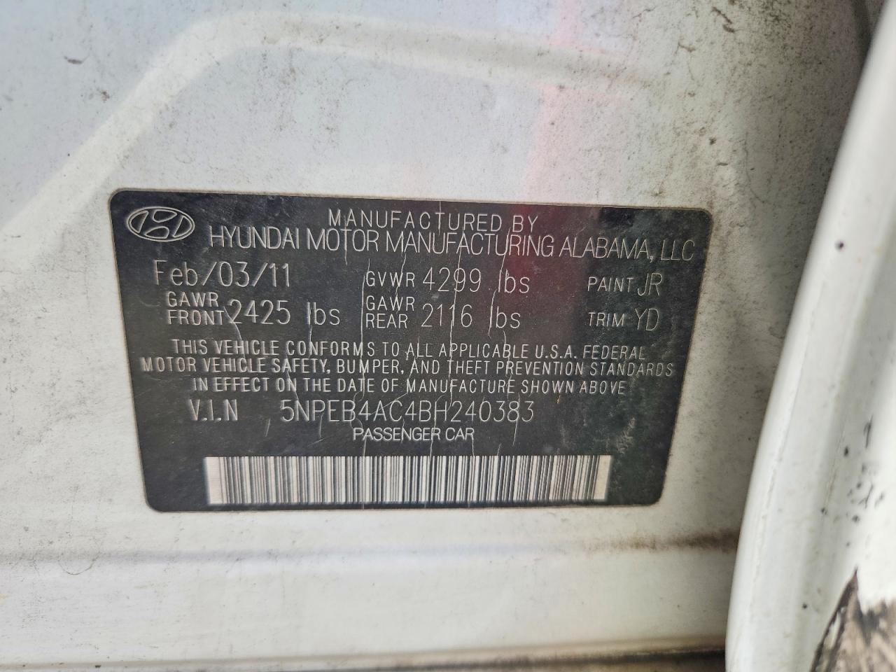2011 Hyundai Sonata Gls White vin: 5NPEB4AC4BH240383