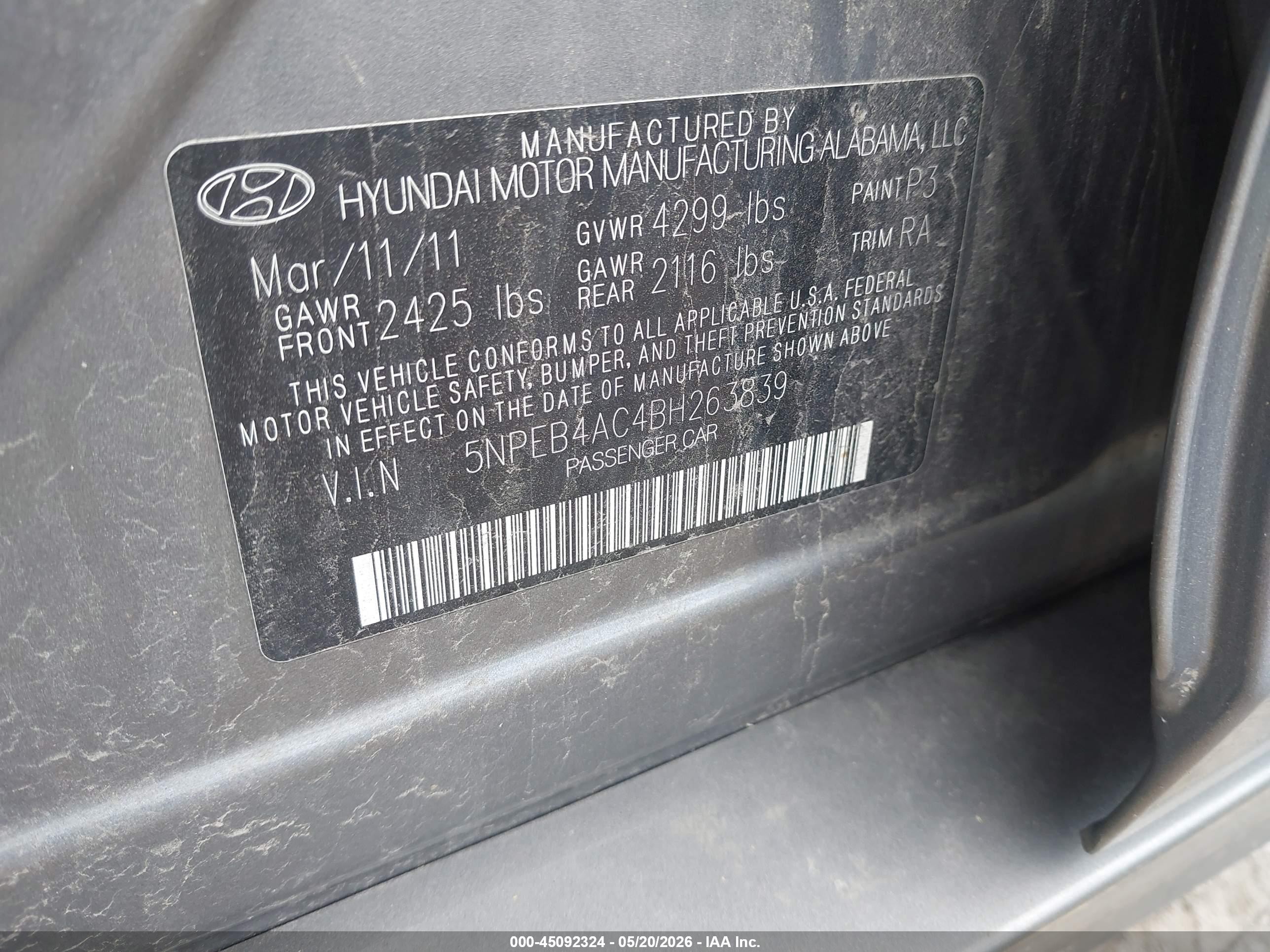 2011 Hyundai Sonata Gls Gray vin: 5NPEB4AC4BH263839