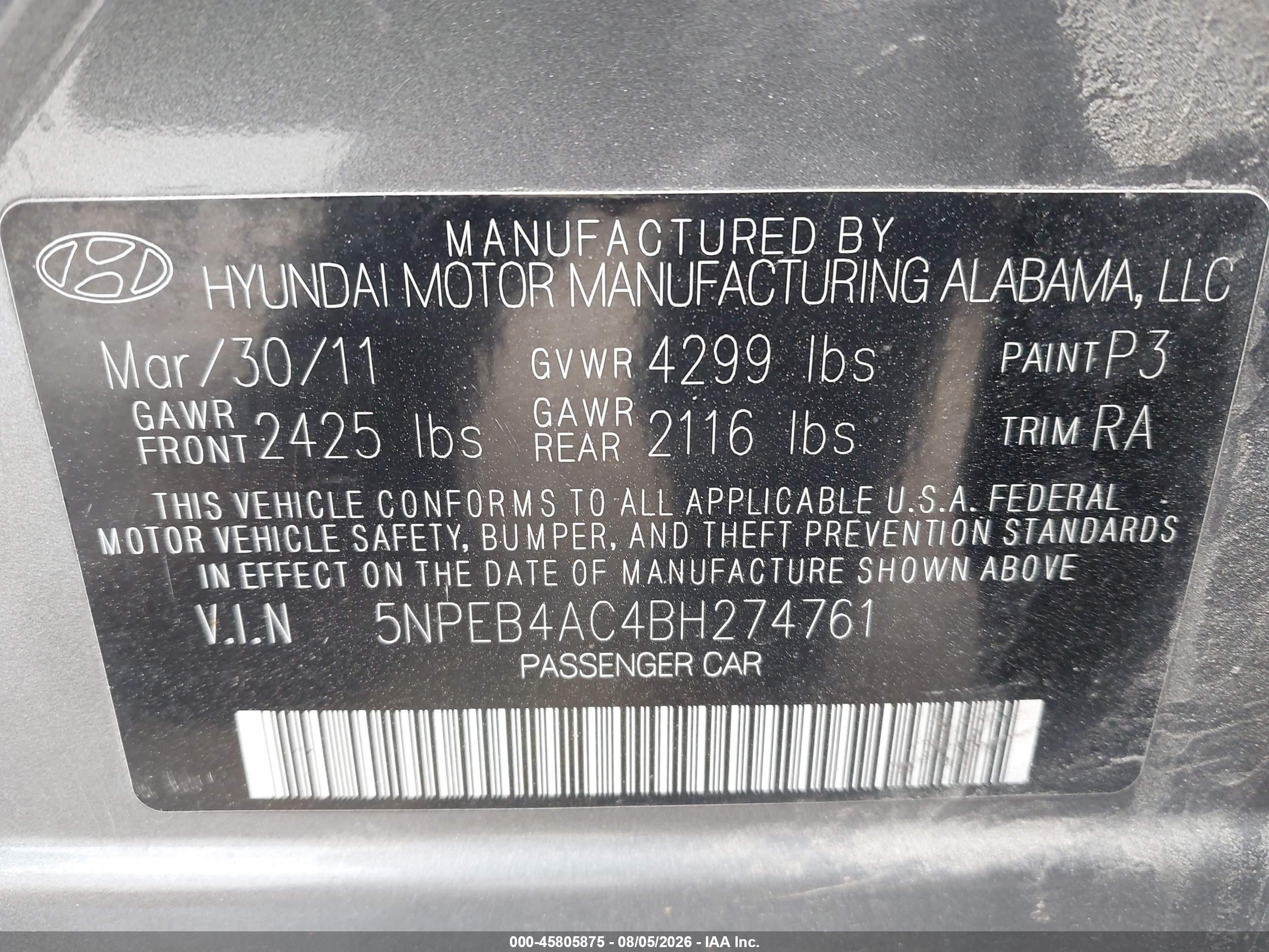2011 Hyundai Sonata Gls Gray vin: 5NPEB4AC4BH274761