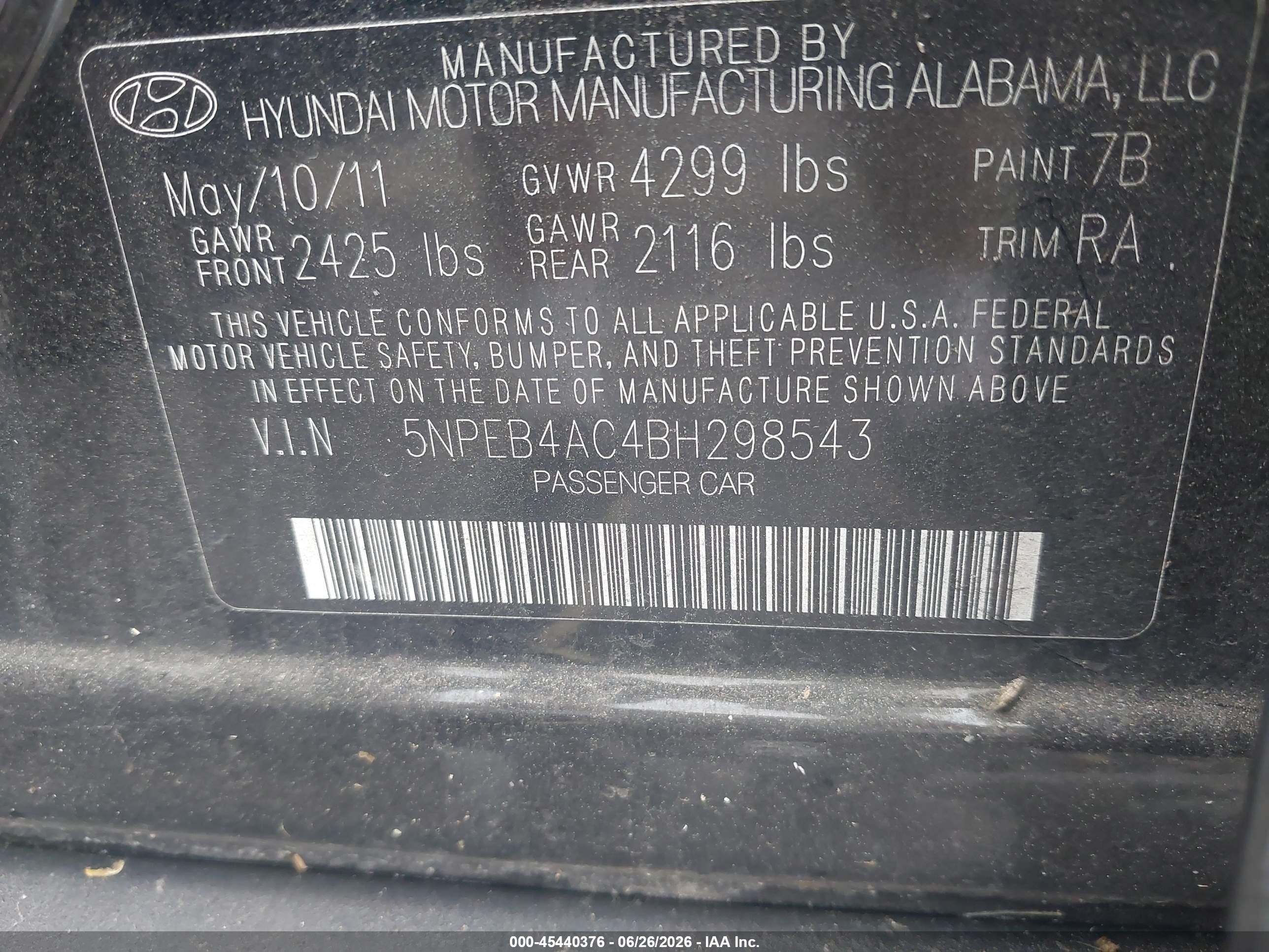 2011 Hyundai Sonata Gls Black vin: 5NPEB4AC4BH298543