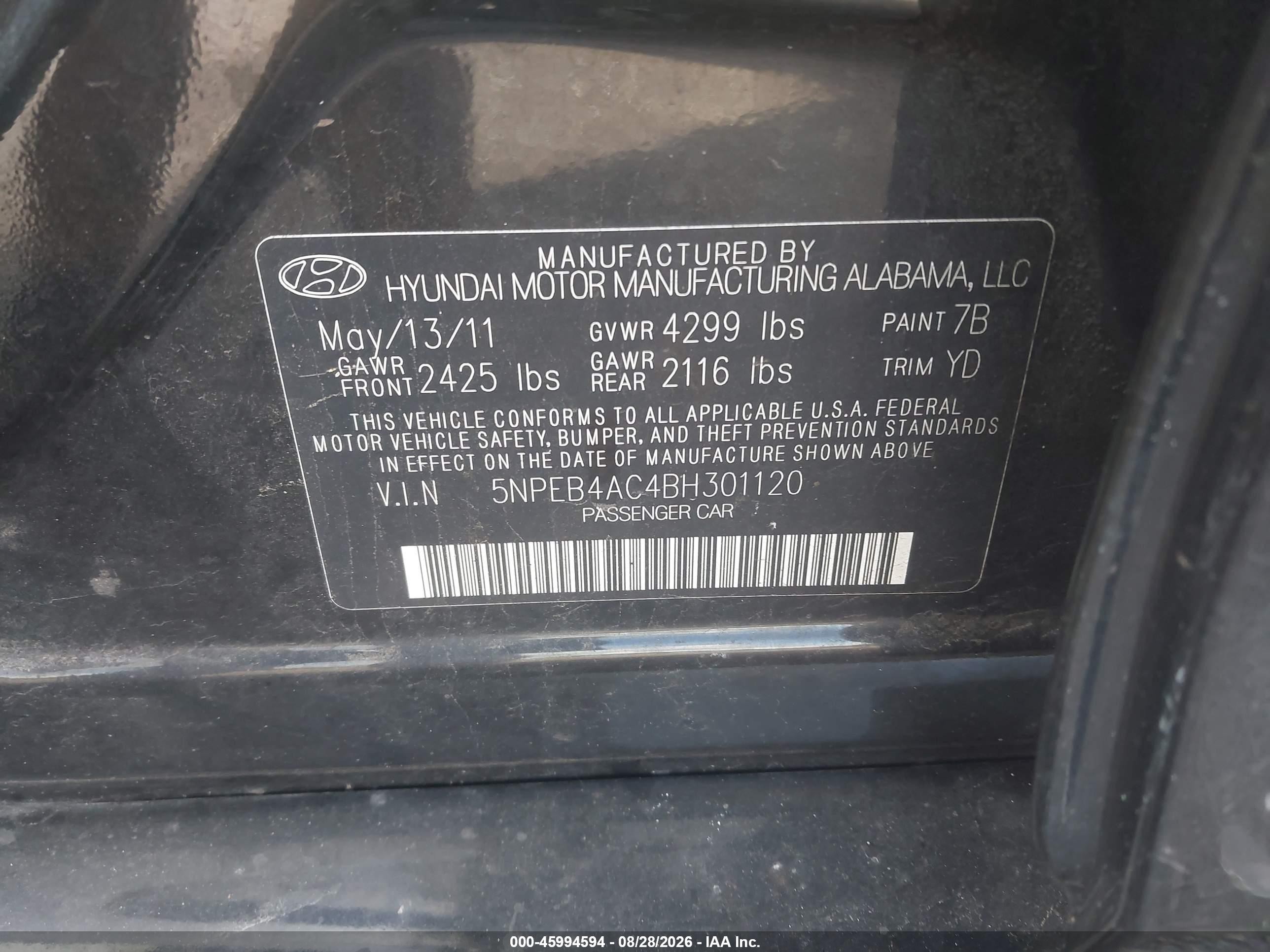 2011 Hyundai Sonata Gls Black vin: 5NPEB4AC4BH301120