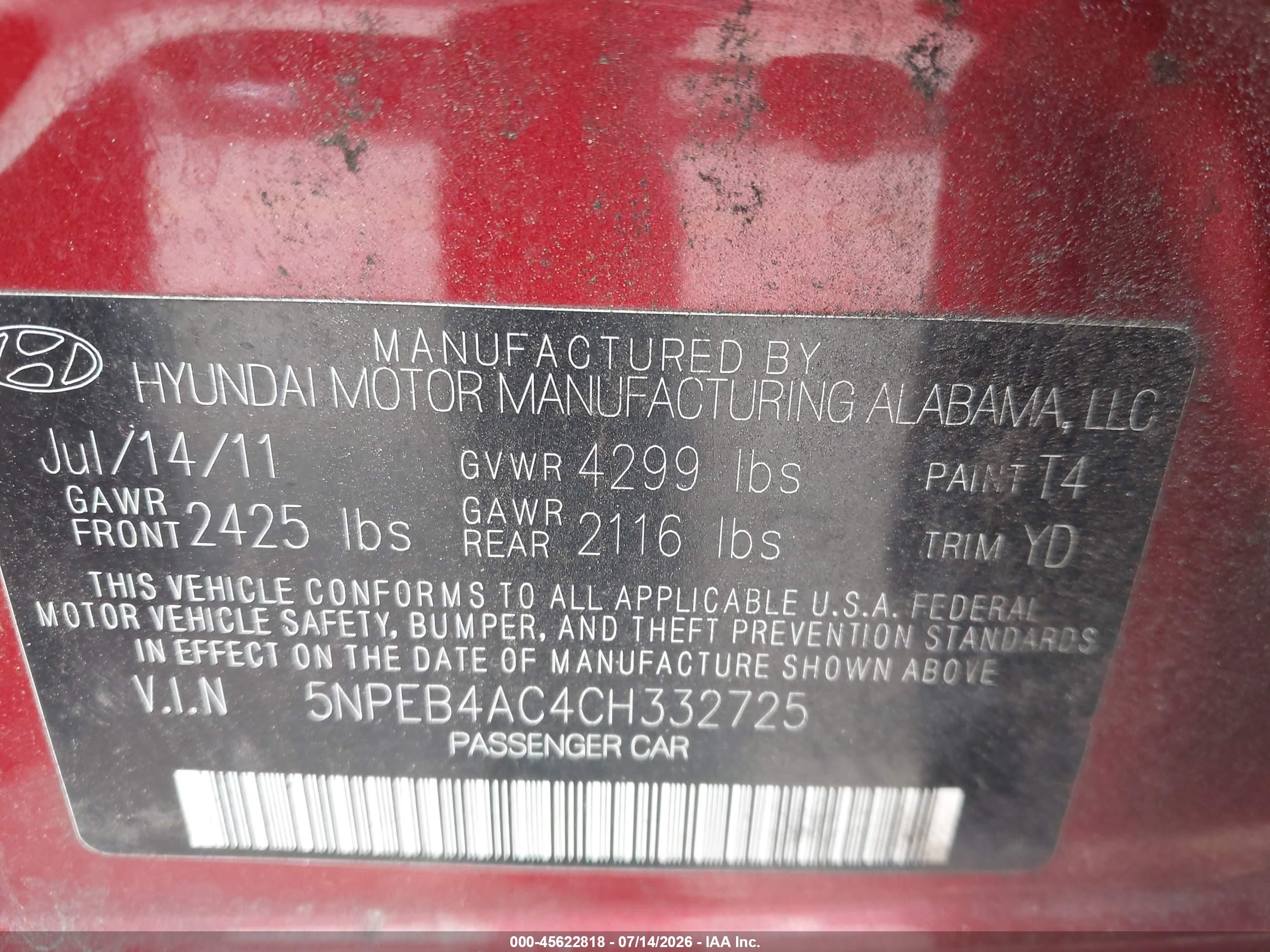 2012 Hyundai Sonata Gls Red vin: 5NPEB4AC4CH332725