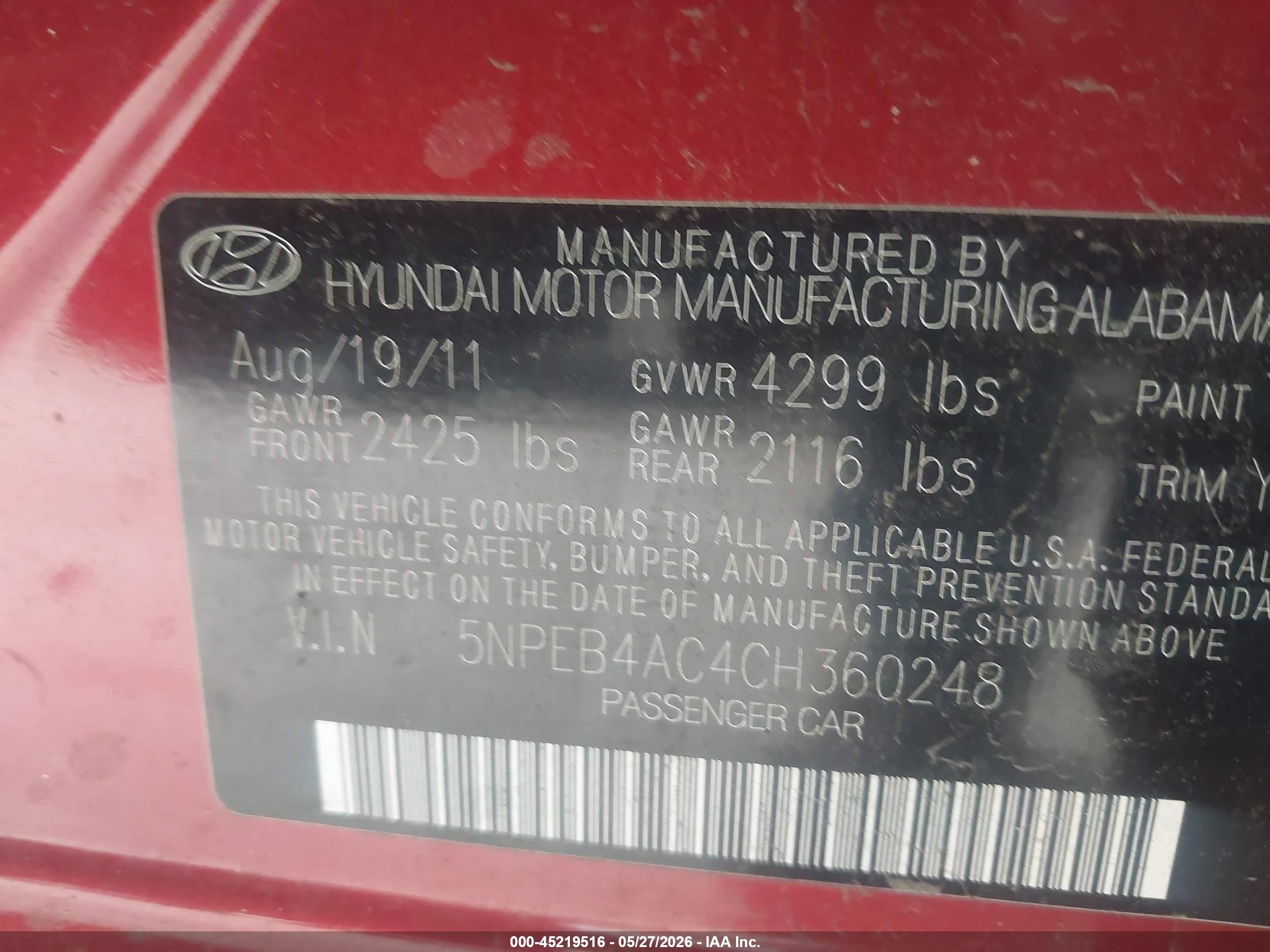 2012 Hyundai Sonata Gls Red vin: 5NPEB4AC4CH360248