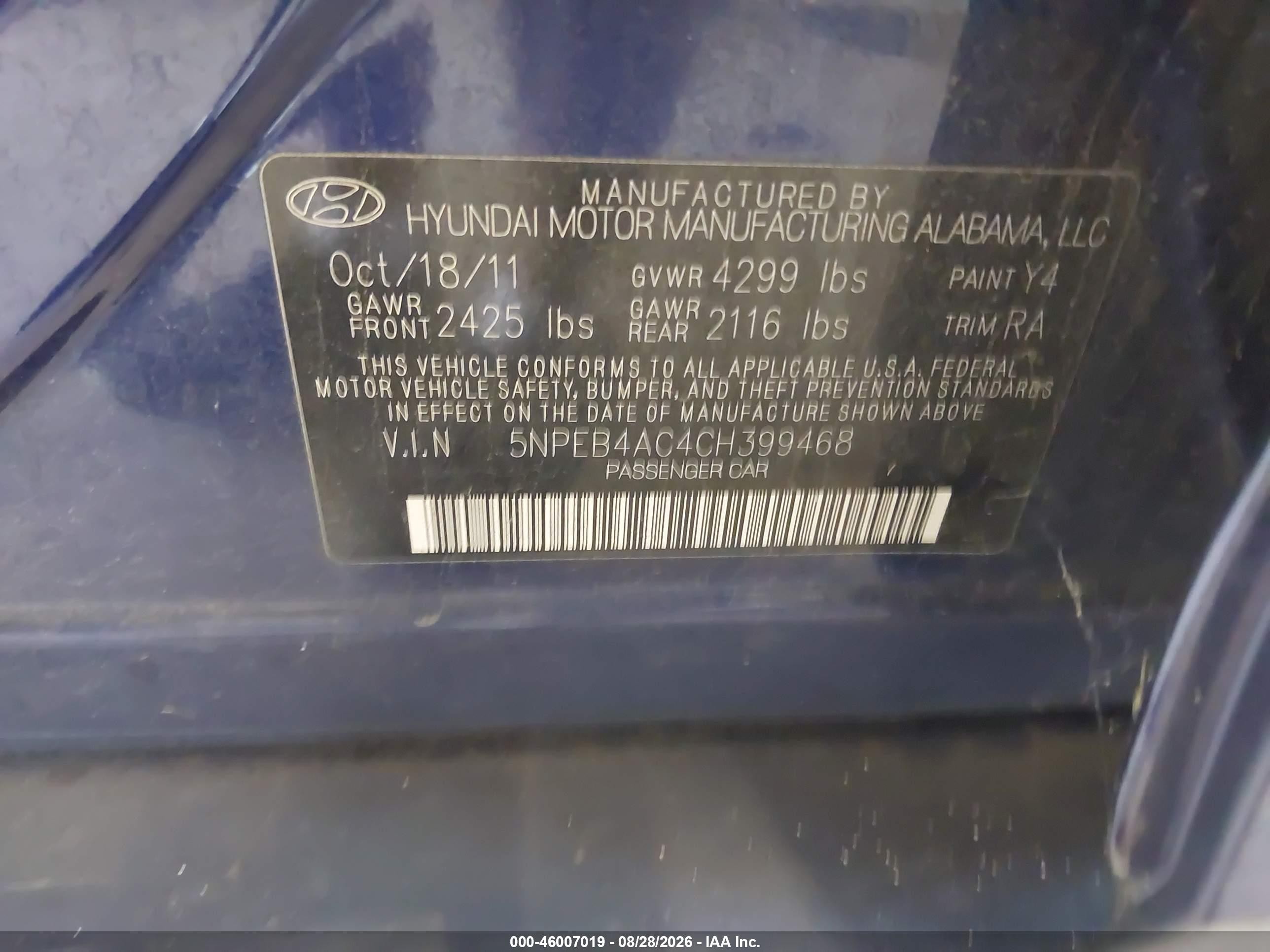 2012 Hyundai Sonata Gls Blue vin: 5NPEB4AC4CH399468