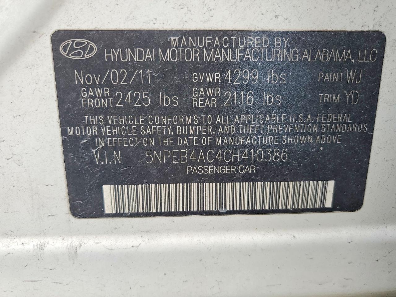 2012 Hyundai Sonata Gls White vin: 5NPEB4AC4CH410386