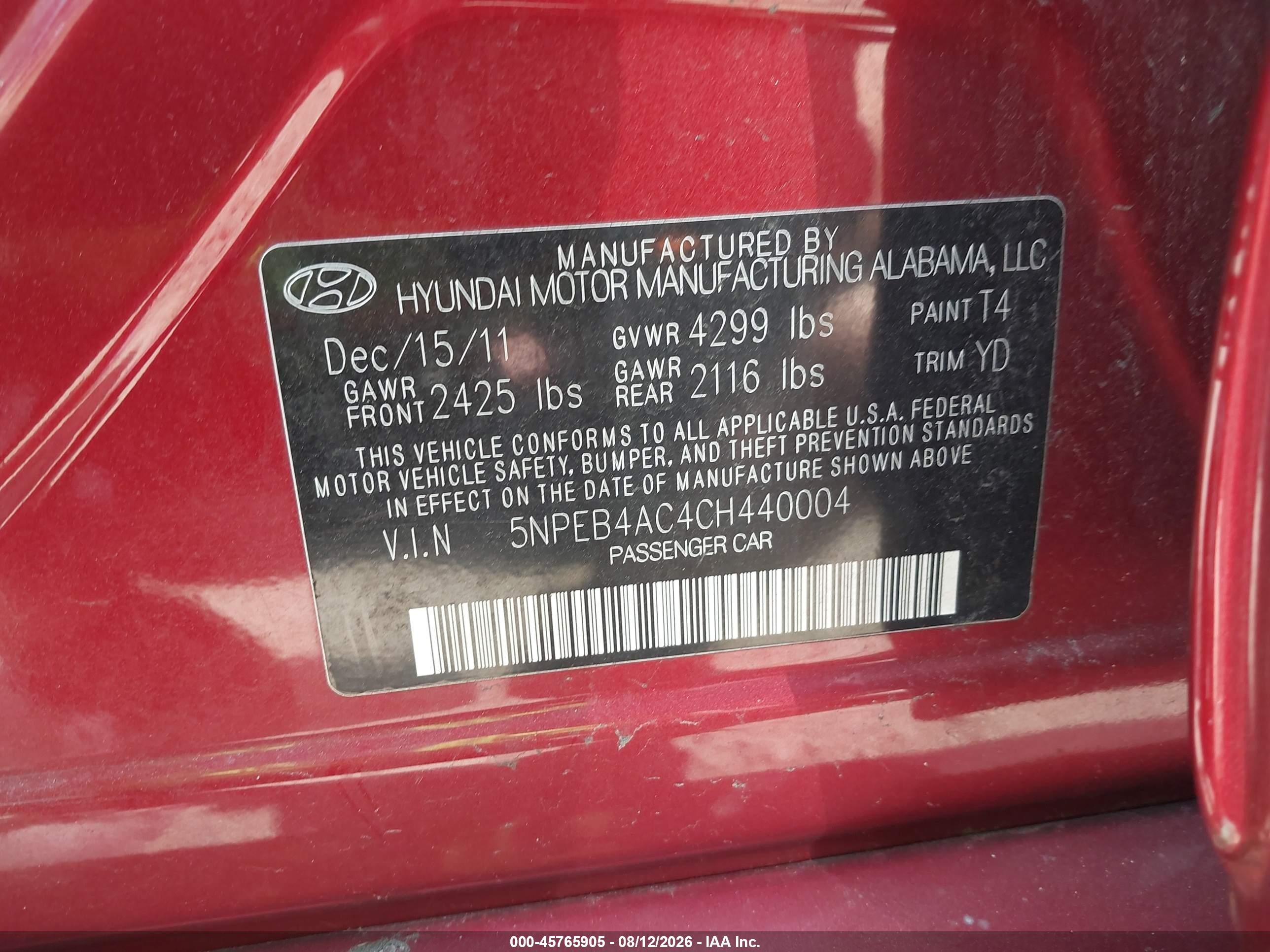 2012 Hyundai Sonata Gls Red vin: 5NPEB4AC4CH440004