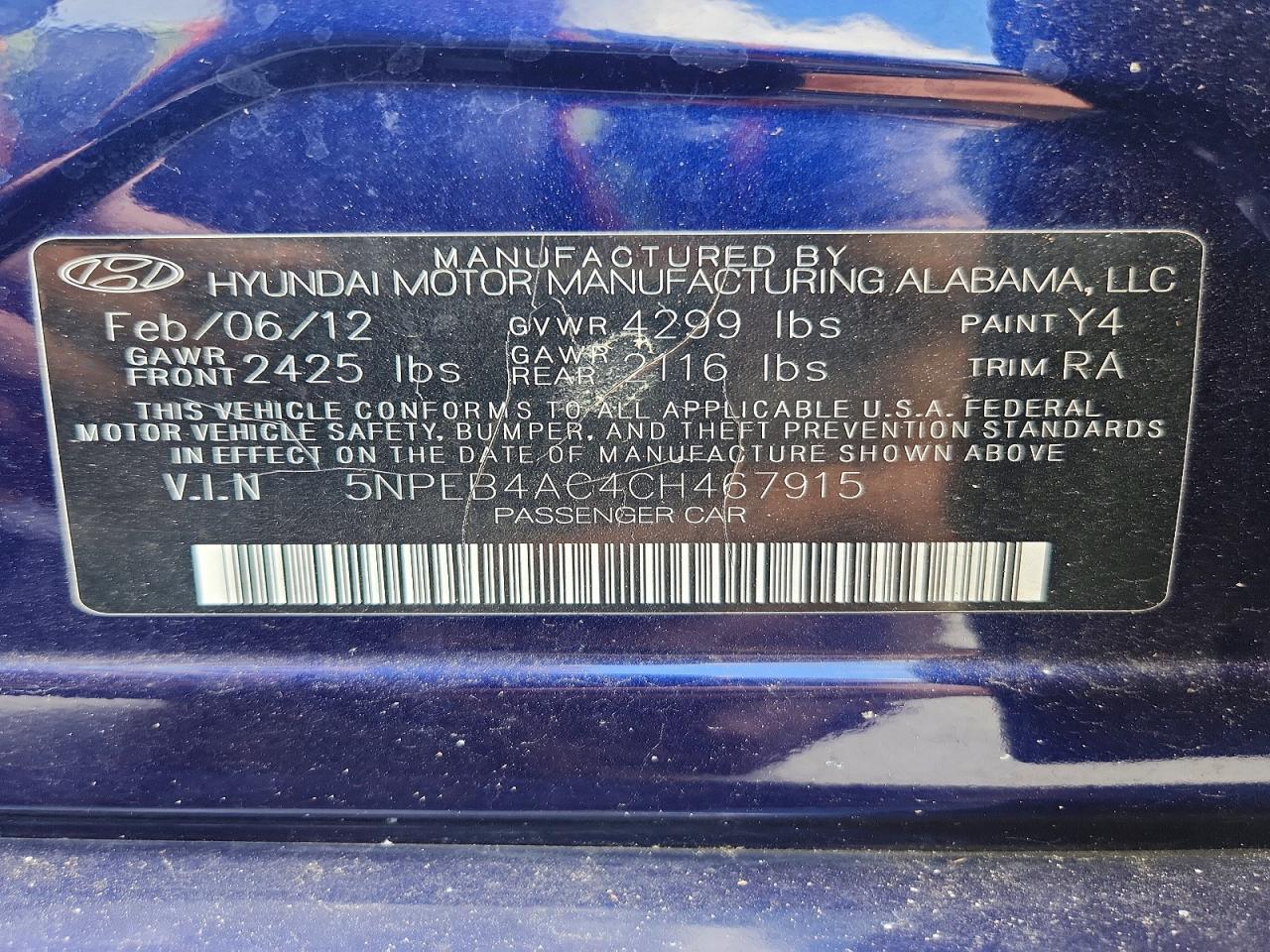 2012 Hyundai Sonata Gls Blue vin: 5NPEB4AC4CH467915