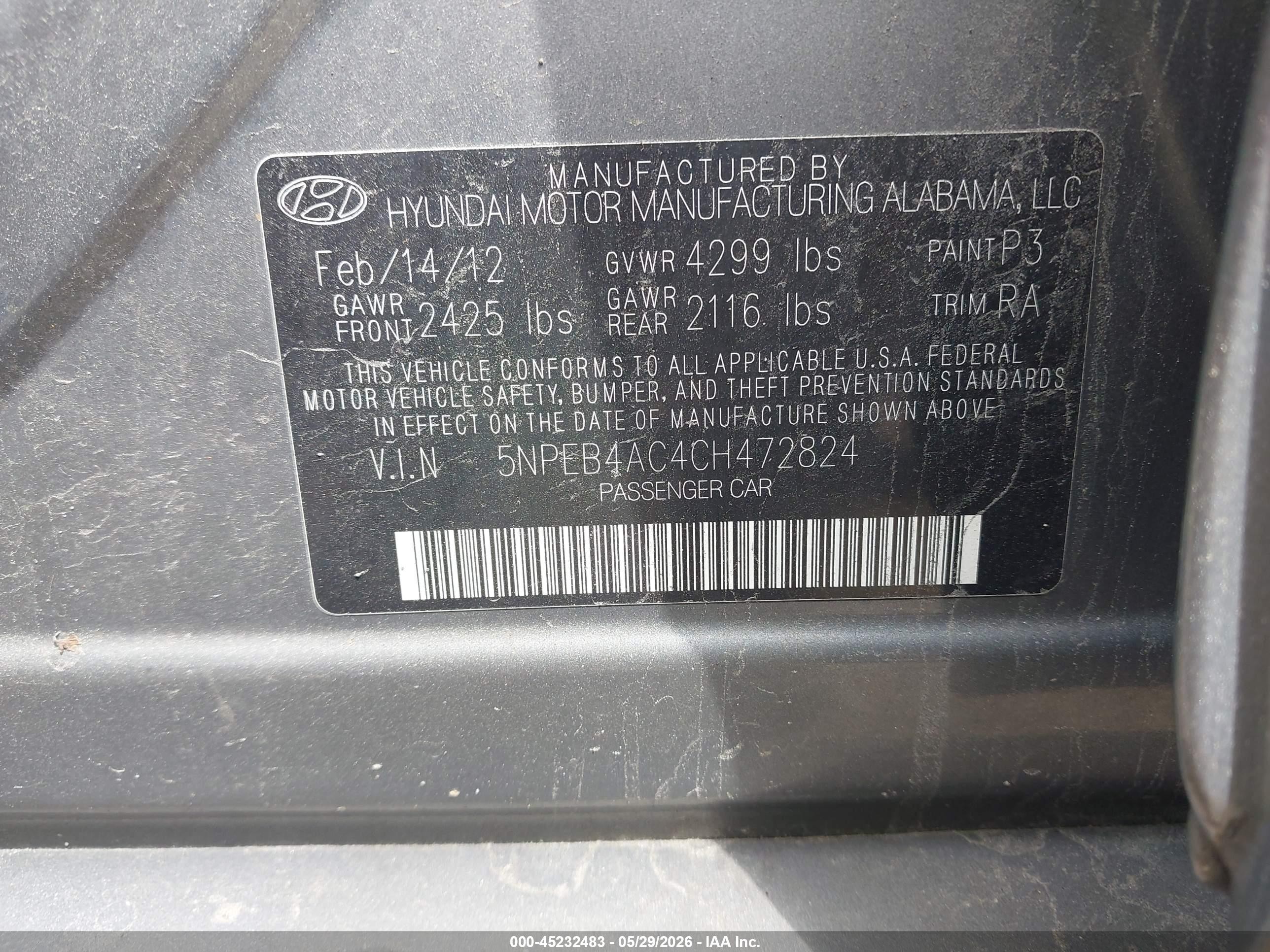 2012 Hyundai Sonata Gls Gray vin: 5NPEB4AC4CH472824