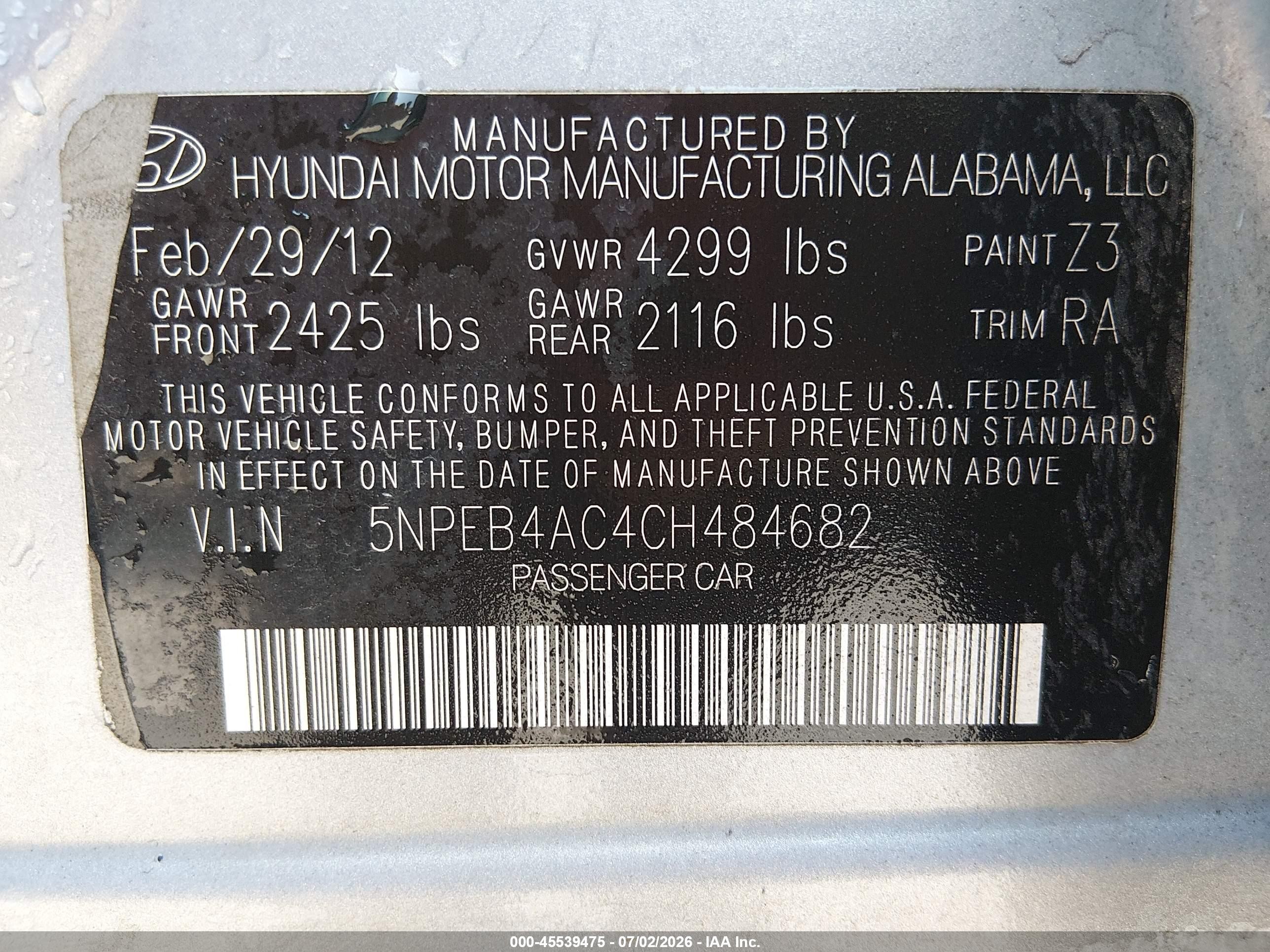 2012 Hyundai Sonata Gls Light Blue vin: 5NPEB4AC4CH484682