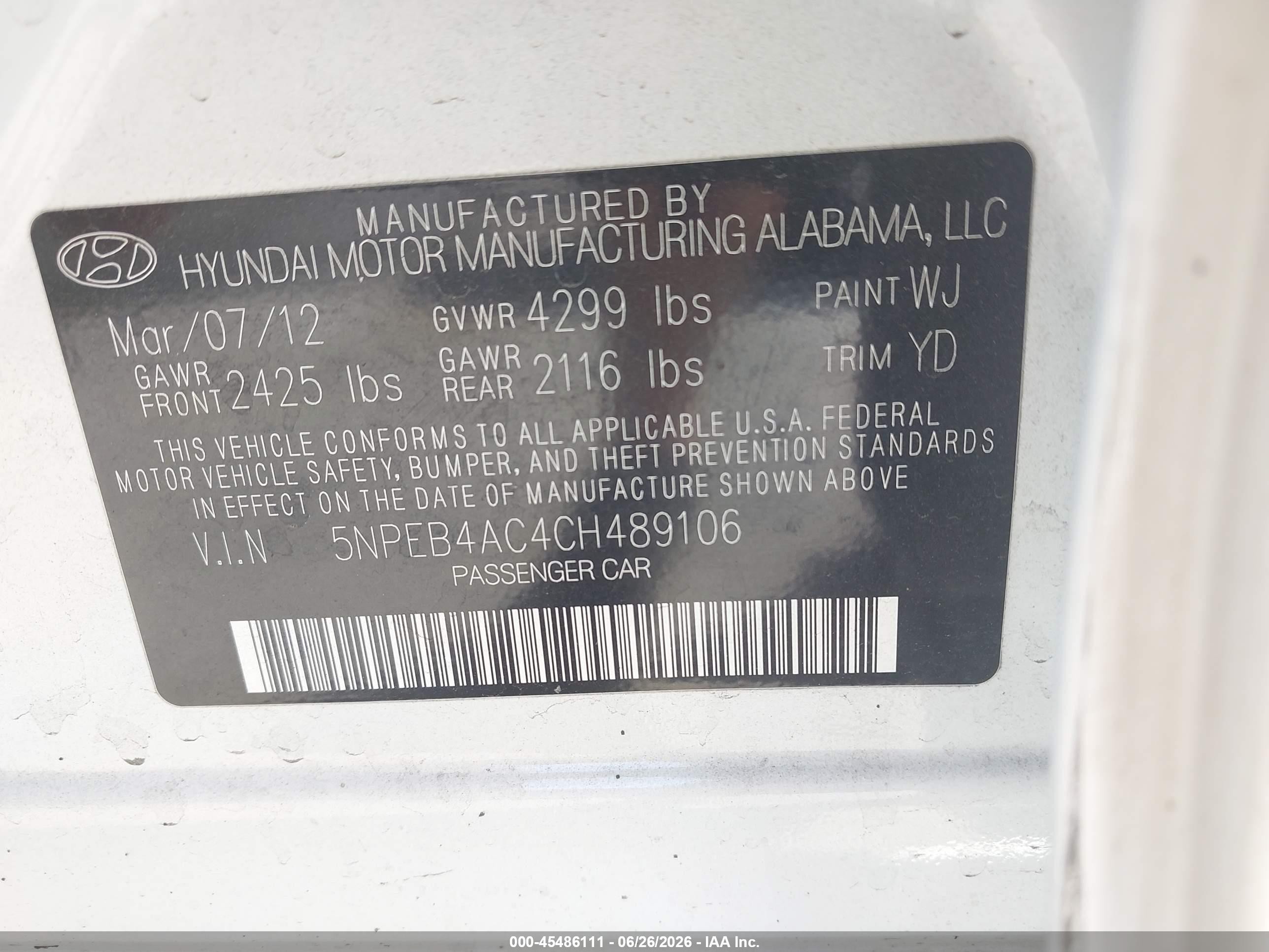 2012 Hyundai Sonata Gls White vin: 5NPEB4AC4CH489106
