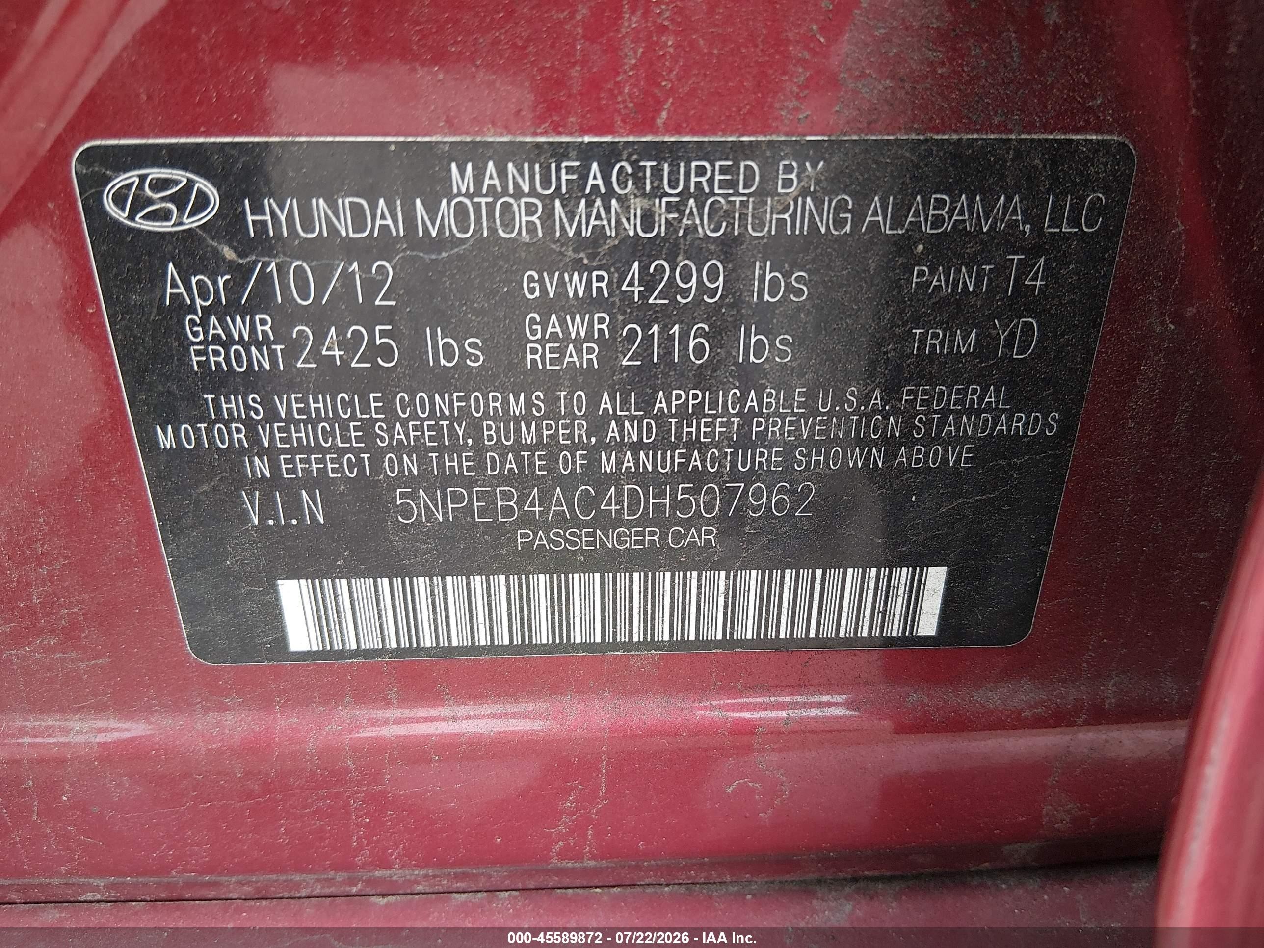 2013 Hyundai Sonata Gls Red vin: 5NPEB4AC4DH507962