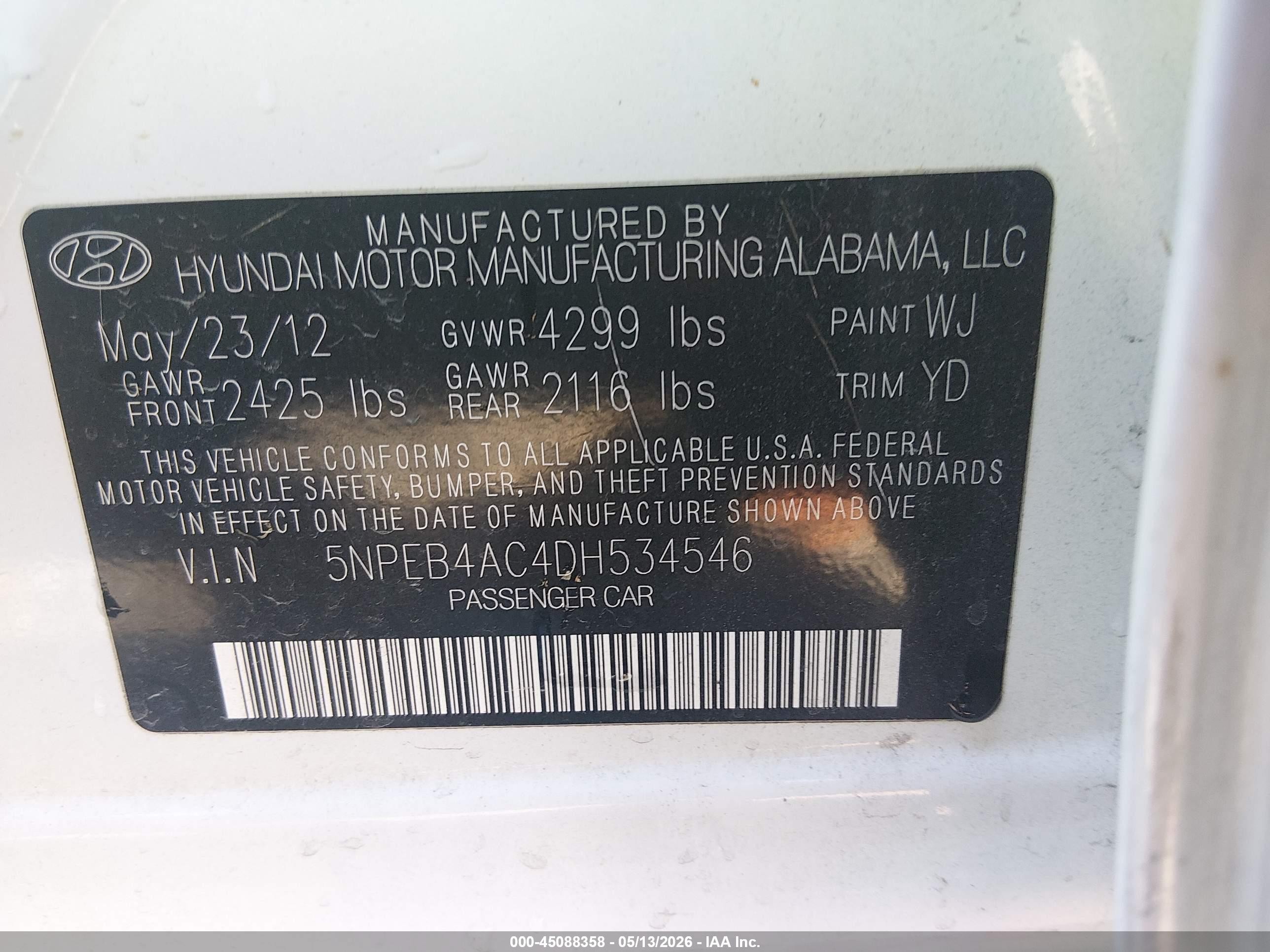 2013 Hyundai Sonata Gls White vin: 5NPEB4AC4DH534546
