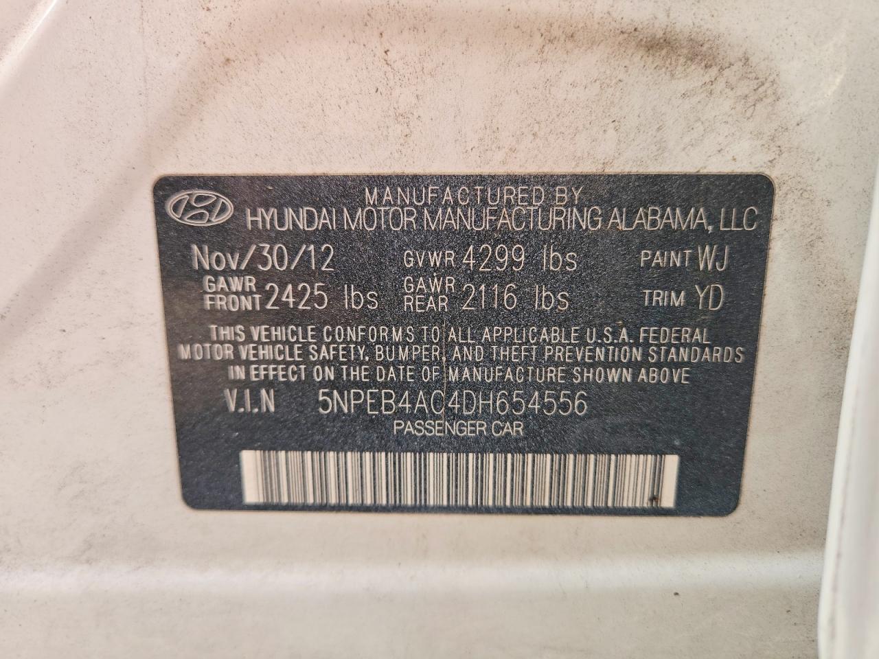 2013 Hyundai Sonata Gls White vin: 5NPEB4AC4DH654556