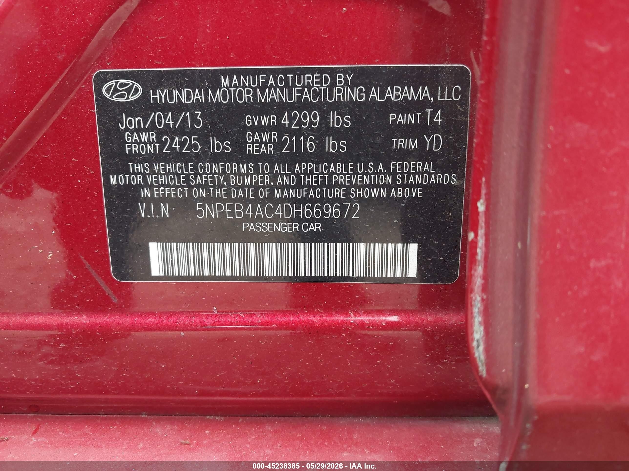 2013 Hyundai Sonata Gls Red vin: 5NPEB4AC4DH669672